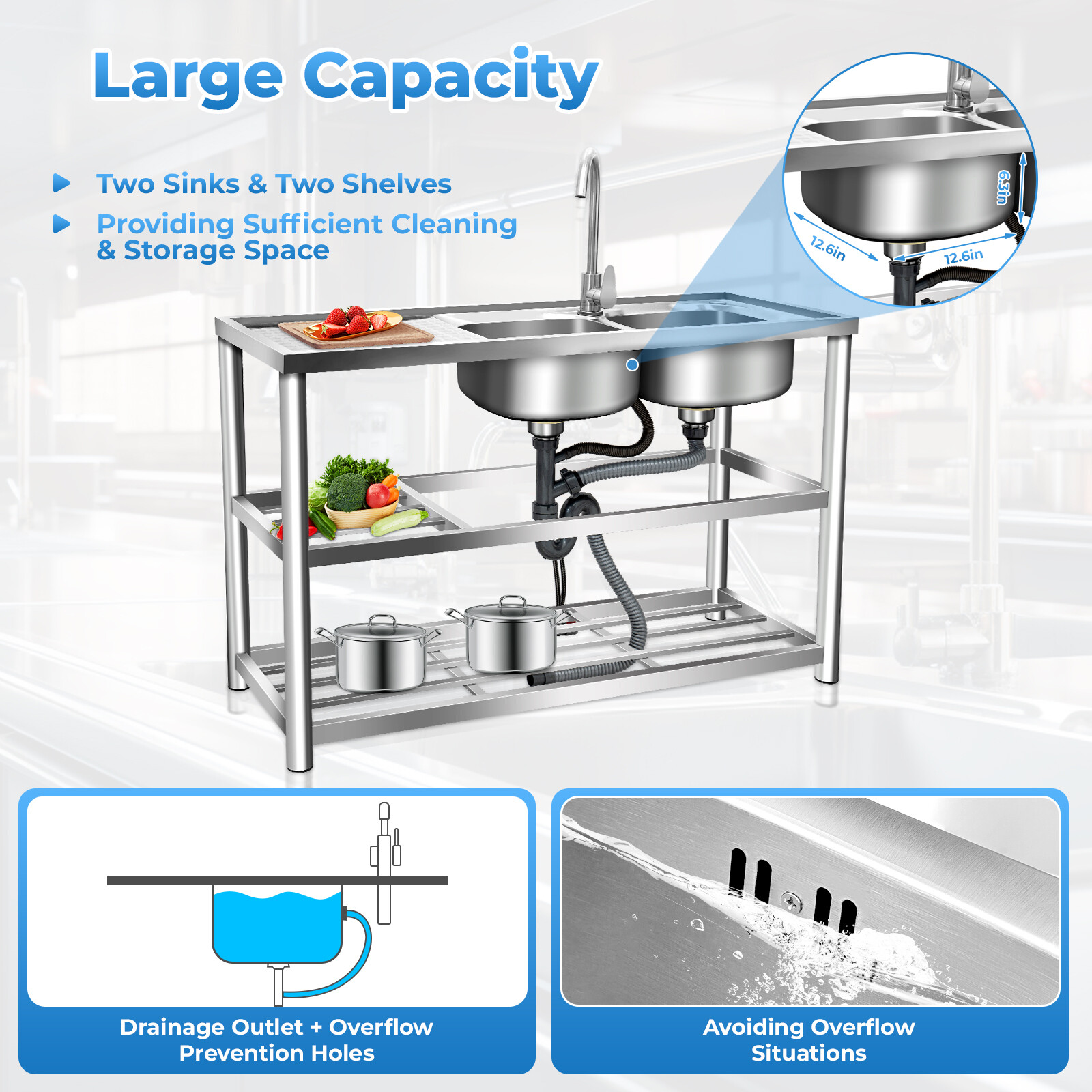 Free Standing Stainless-Steel Double Bowl Kitchen Utility Sink Set w/ Prep Table