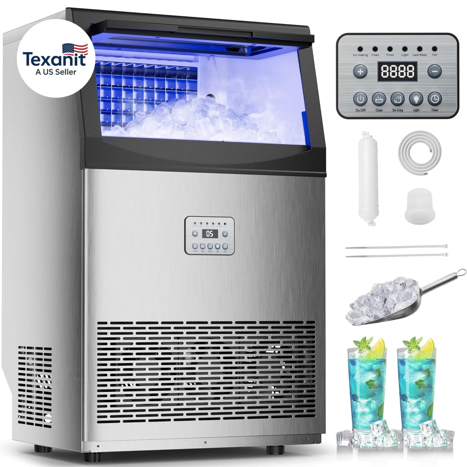 Commercial Ice Maker,110 Lbs/24H,50 Cubes in 14 Mins,Stainless Steel Ice Machine