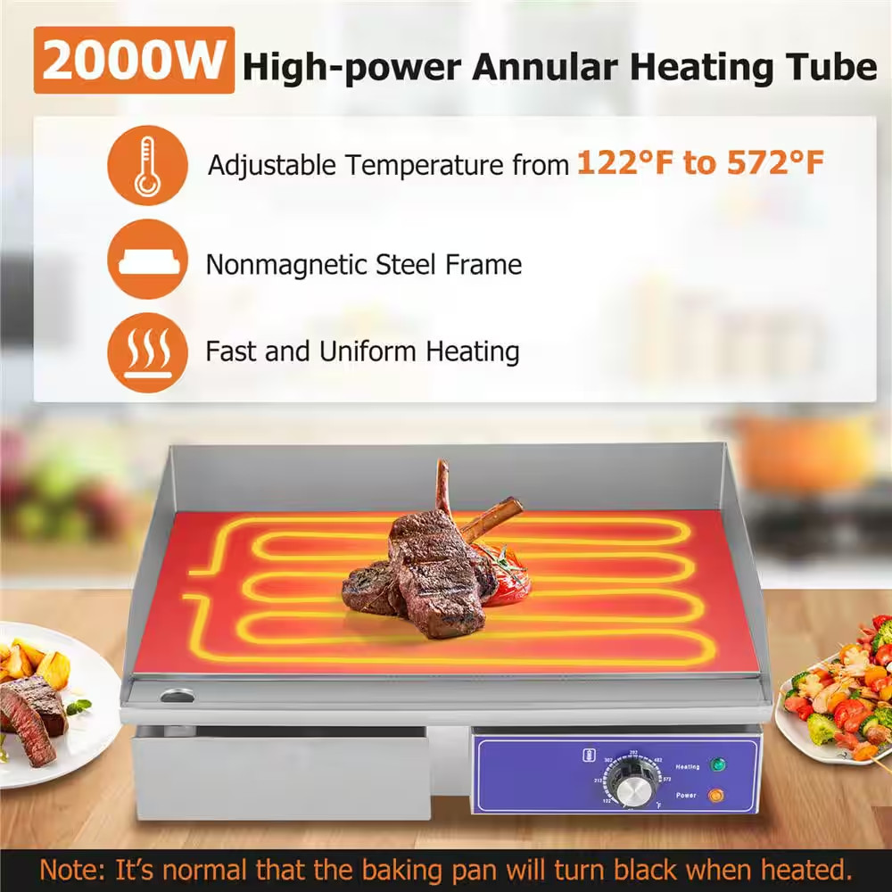 22 In. Commercial Electric Grill 110-Volt 2000-Watt Flat Top Countertop Grill 12