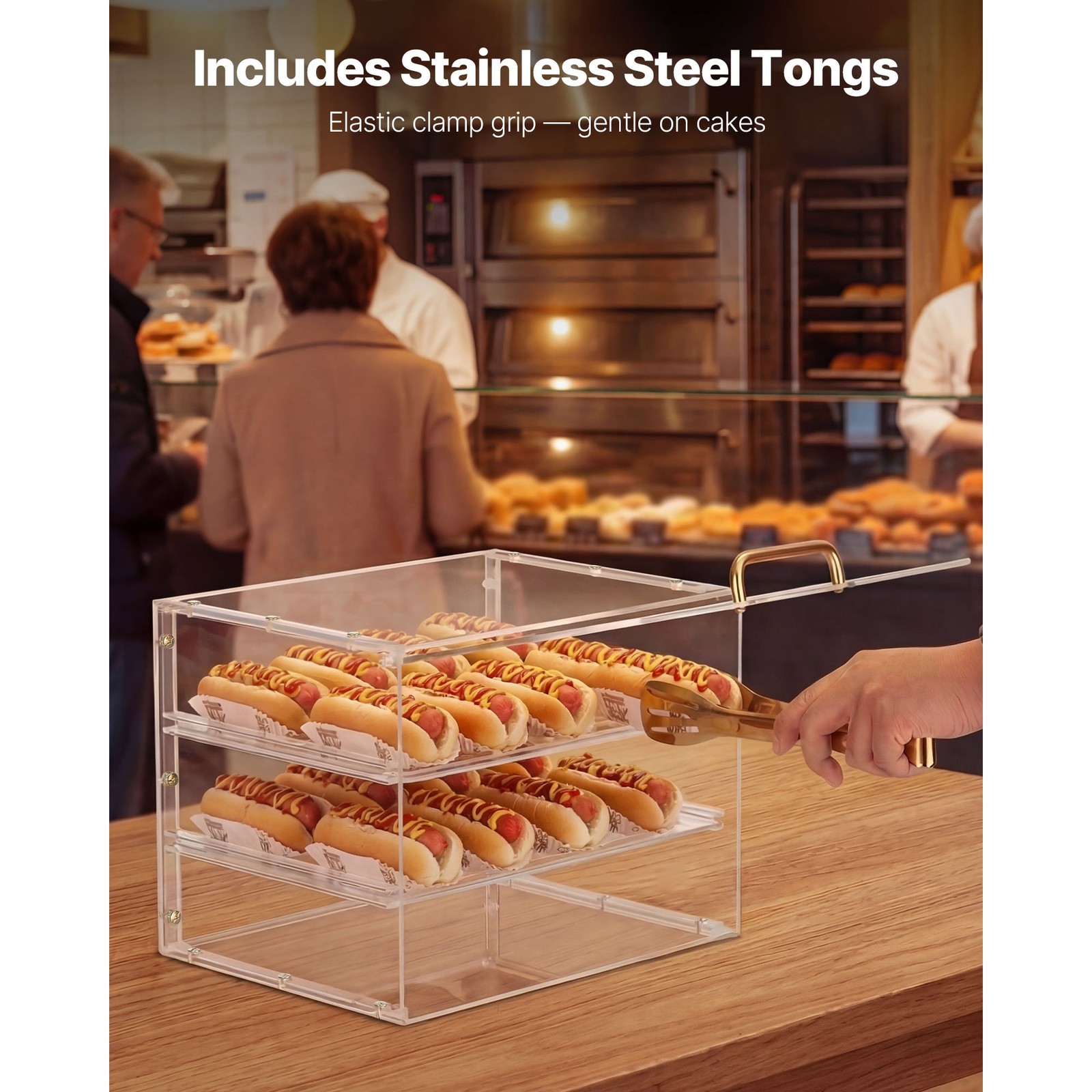 Uimoso Acrylic 3-Tier Countertop Pastry Display Case Flip-Up Doors w/ Tongs