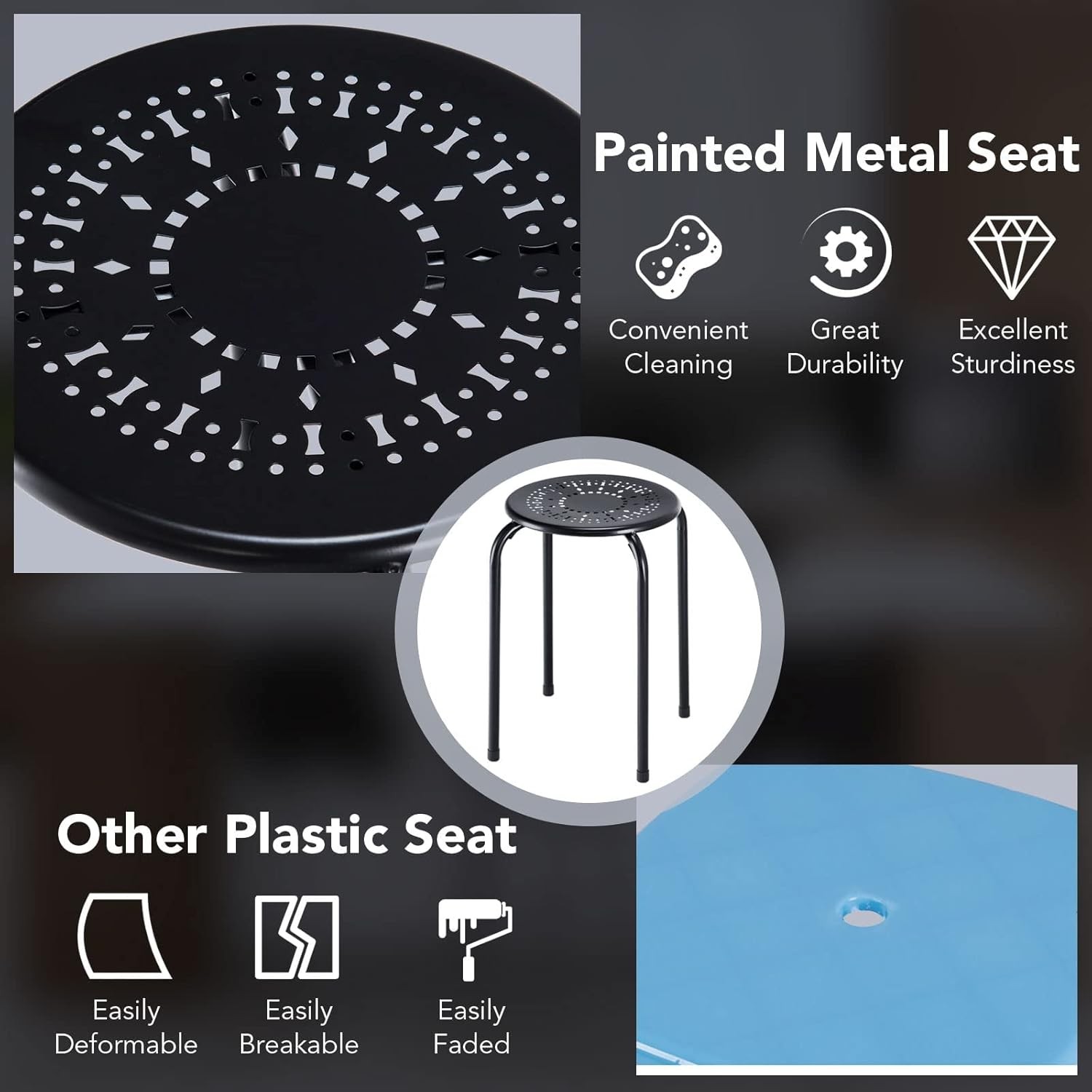 6-Pack Stackable Metal Stools, 17.5″ Round Backless, Black