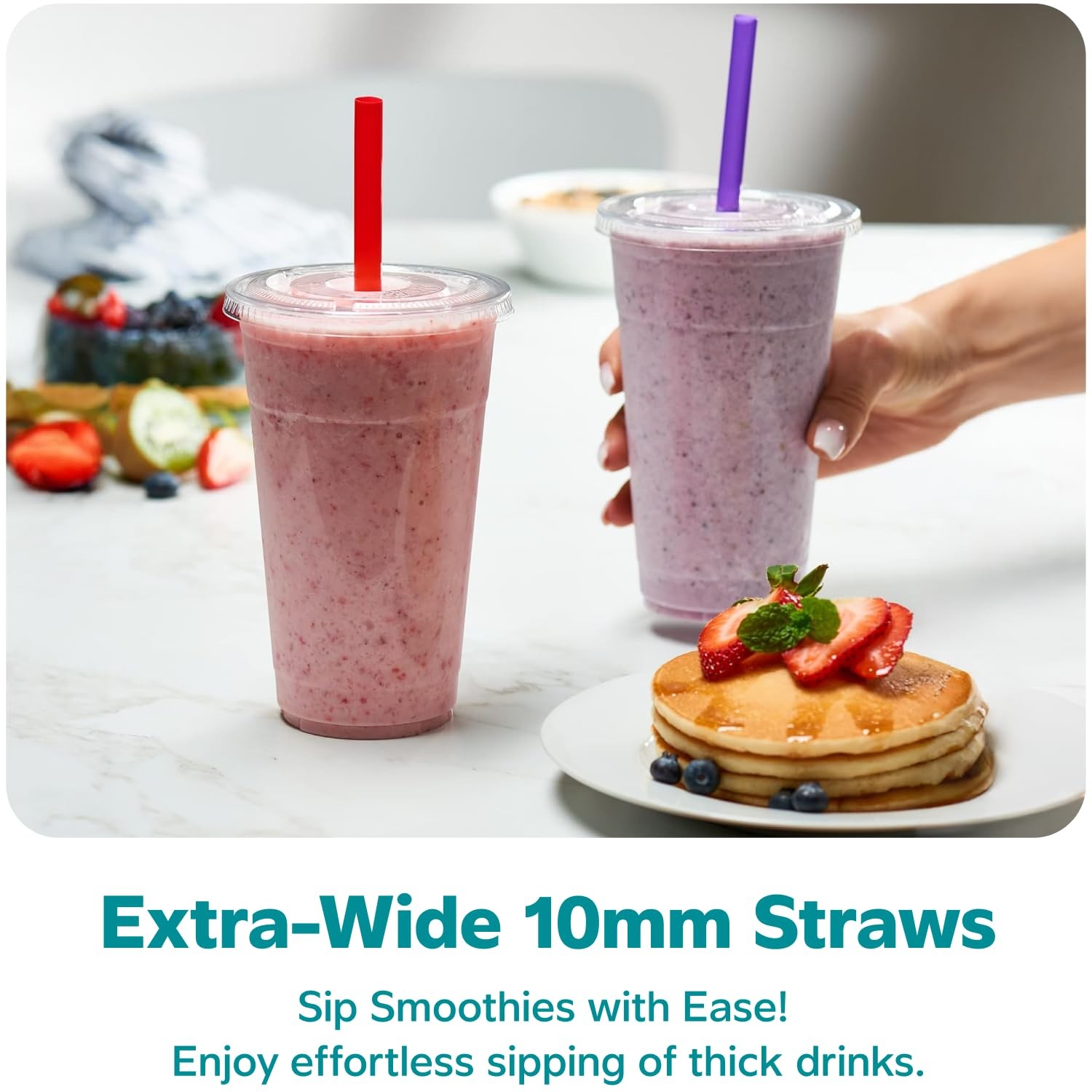 [24 oz. – 100 Count Clear Cups with Flat Lids & Straws – Disposable Clear Dri…