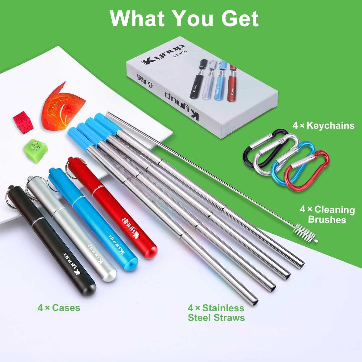 Kynup 4Packs Reusable Straws, Metal Straw with Small, Blue-Black-Red-Silver