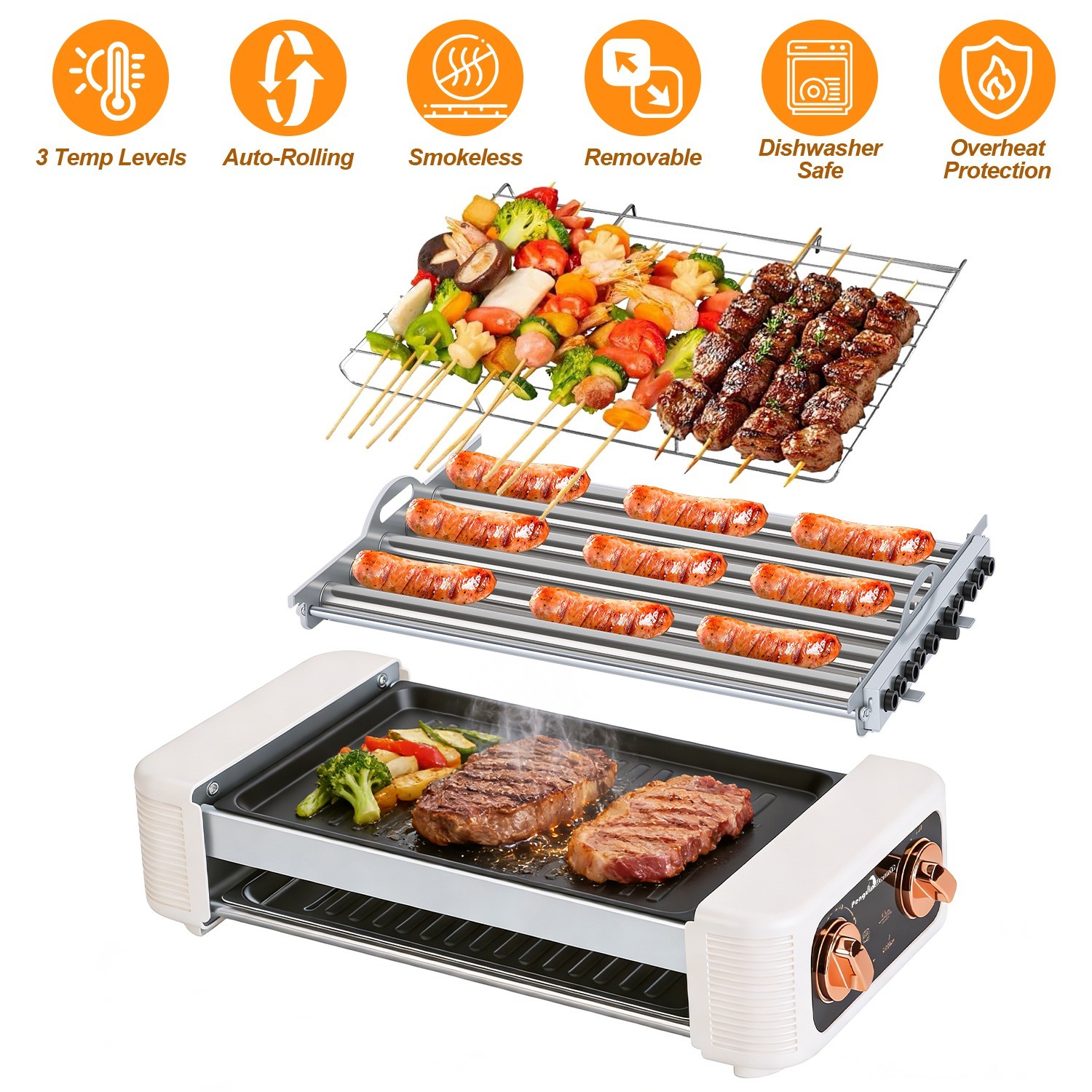 3IN1 Hot Dog Roller Machine with Grill & Griddle Cooker 600W 9 Hot Dog 6 Roller