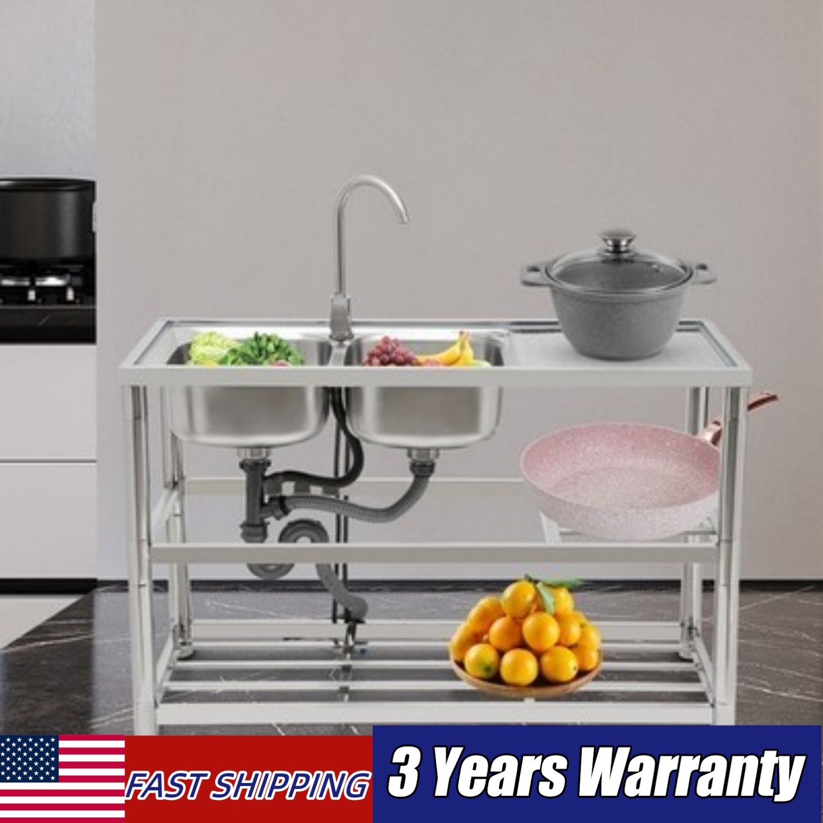 Free Standing Commercial Kitchen Sink Stainless Steel Dual Bowl For Restaurant