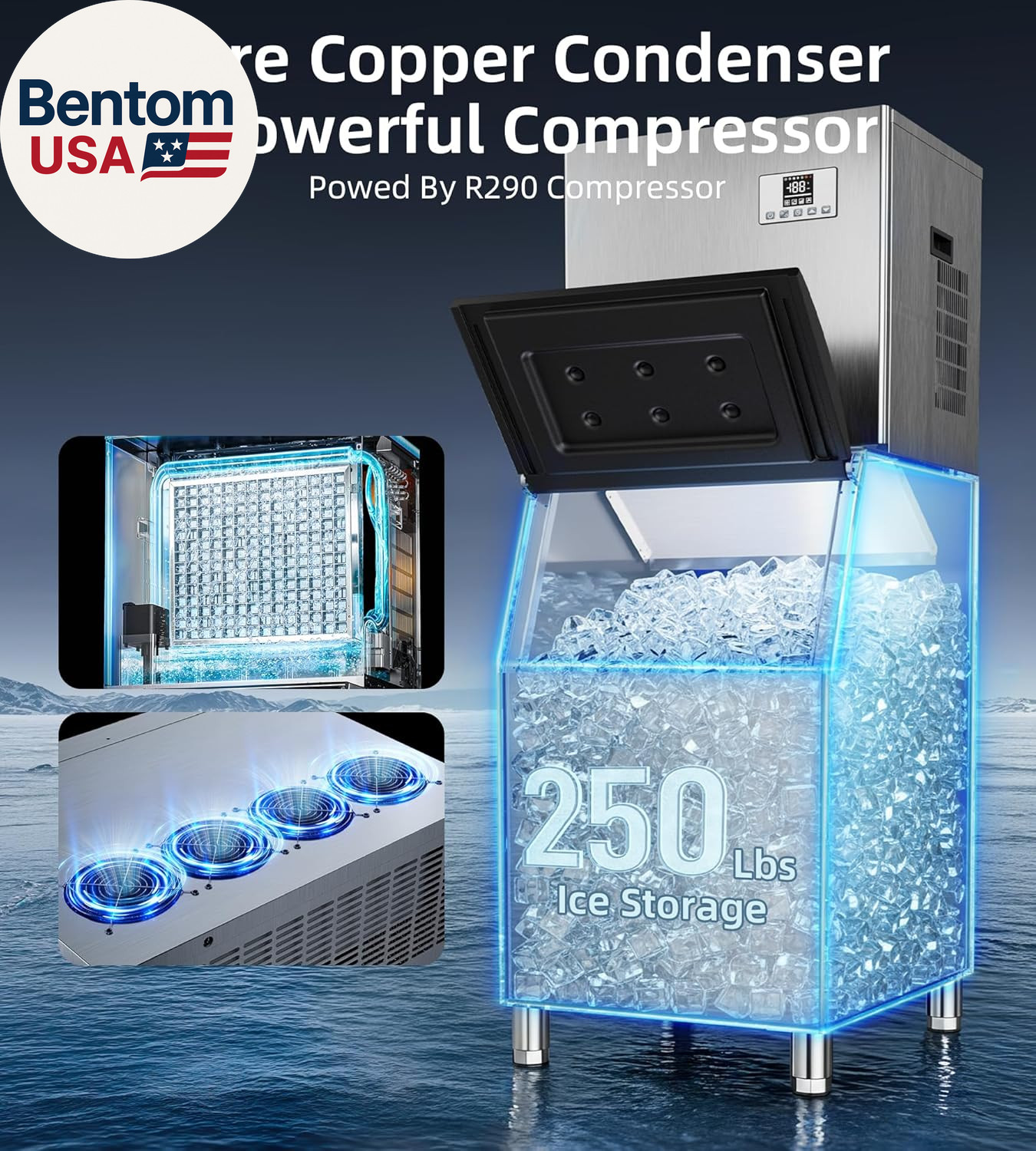 Commercial Ice Maker Machine 450Lbs/24H with 250Lbs Storage, Self-Cleaning Mode,