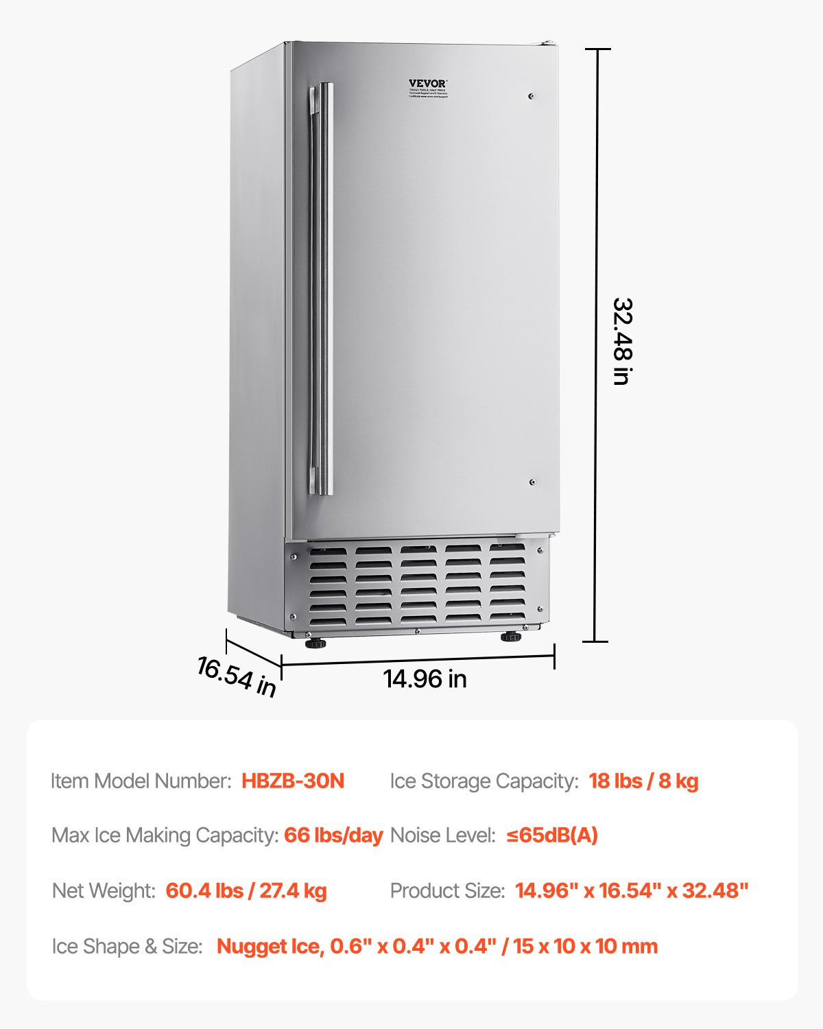 66LB/Day Built-In Nugget Ice Maker Under Counter Stainless Steel Reversible