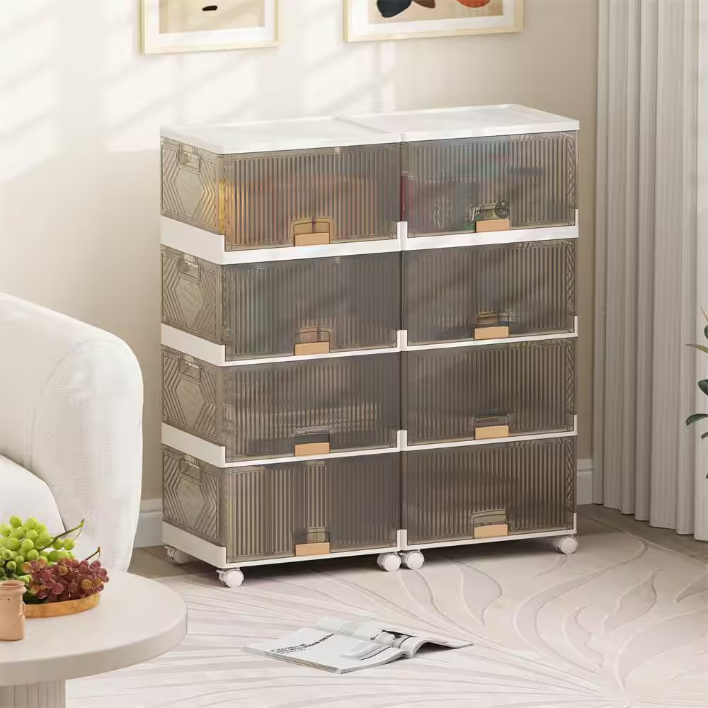 18 Gal. 4-Cube Stackable Storage Bins in White and Brown with Detachable Wheels