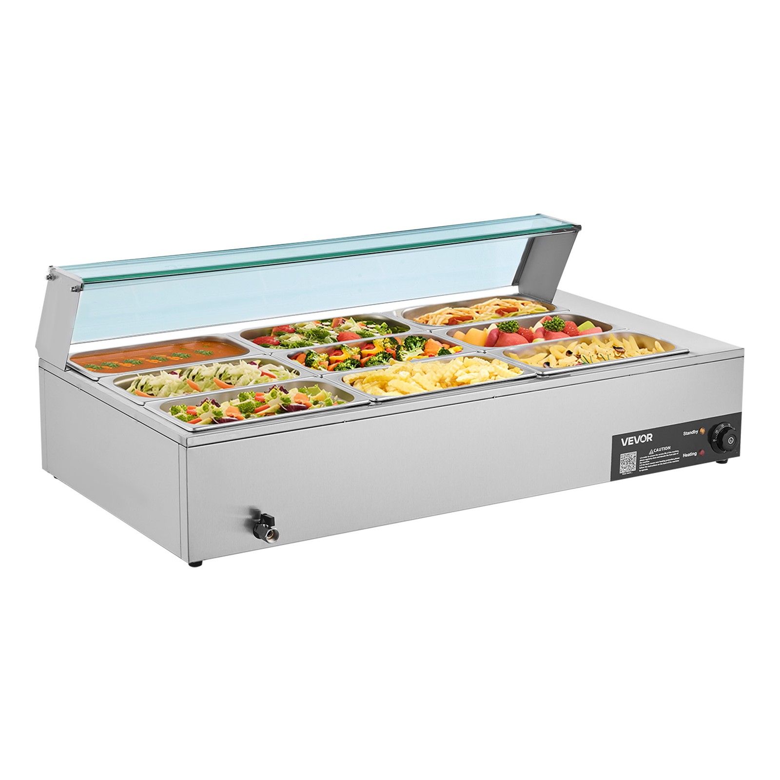 VEVOR Commercial Food Warmer 9-Pan 1500W Buffet Bain Marie with Glass Cover