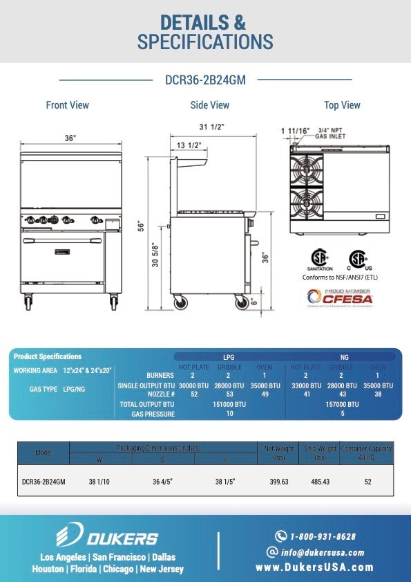 DUKERS DCR36-2B24GM 36″ NAT Gas Range 2 Open Burners 24″ GRIDDLE & OVEN