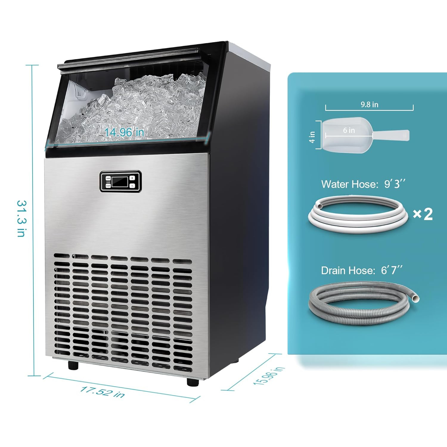 Commercial Ice Maker Machine – 95Lbs Daily Production, 33Lbs Ice Storage, Stainl