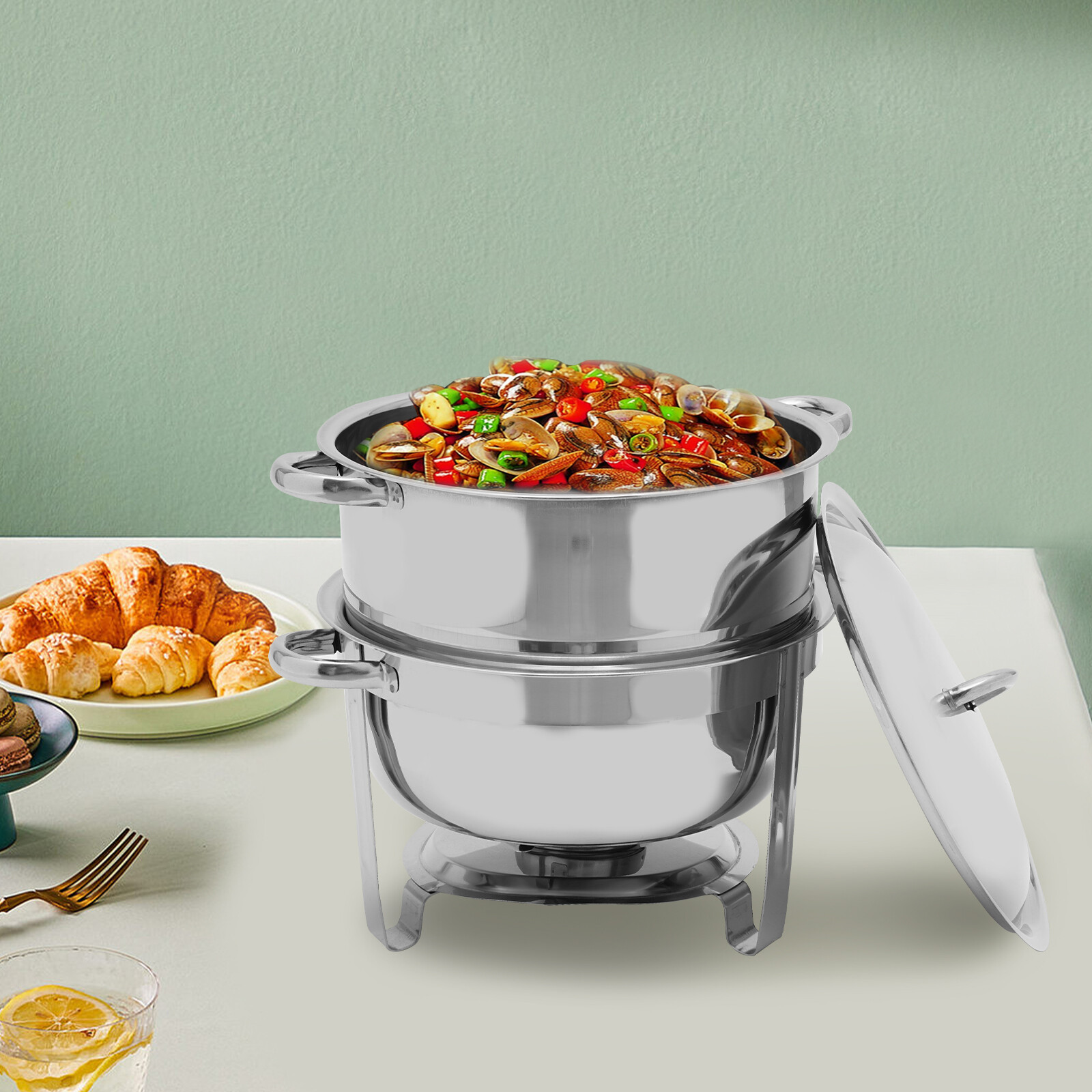 14.2 Qt Full-Size Round Stainless Steel Catering Dish Buffet Food Warmer Hot Pot
