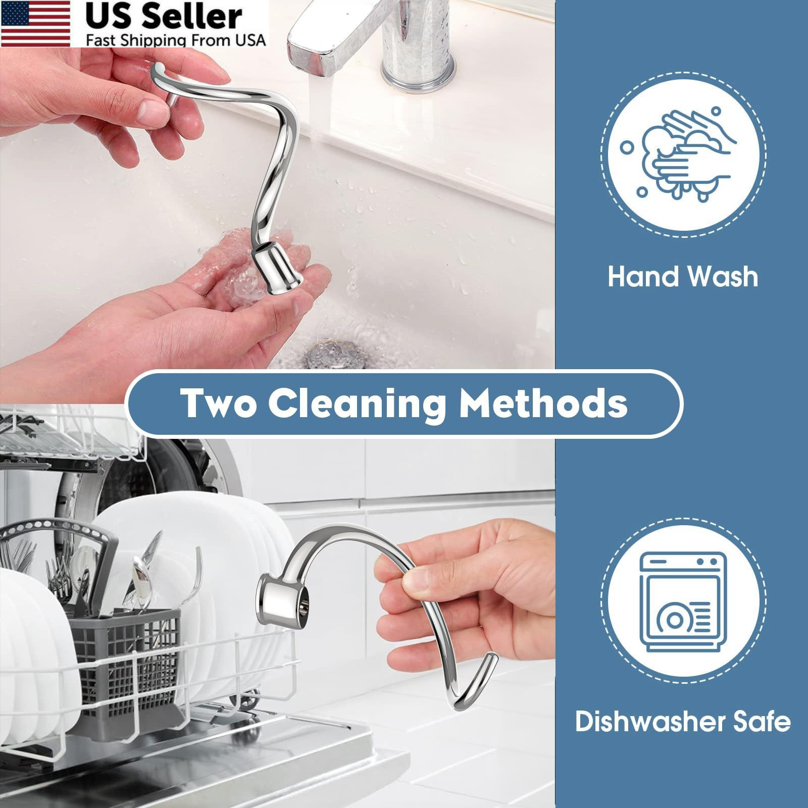 Stainless Steel Spiral Dough Hook for Kitchenaid 5Plus & 6QT Large, White
