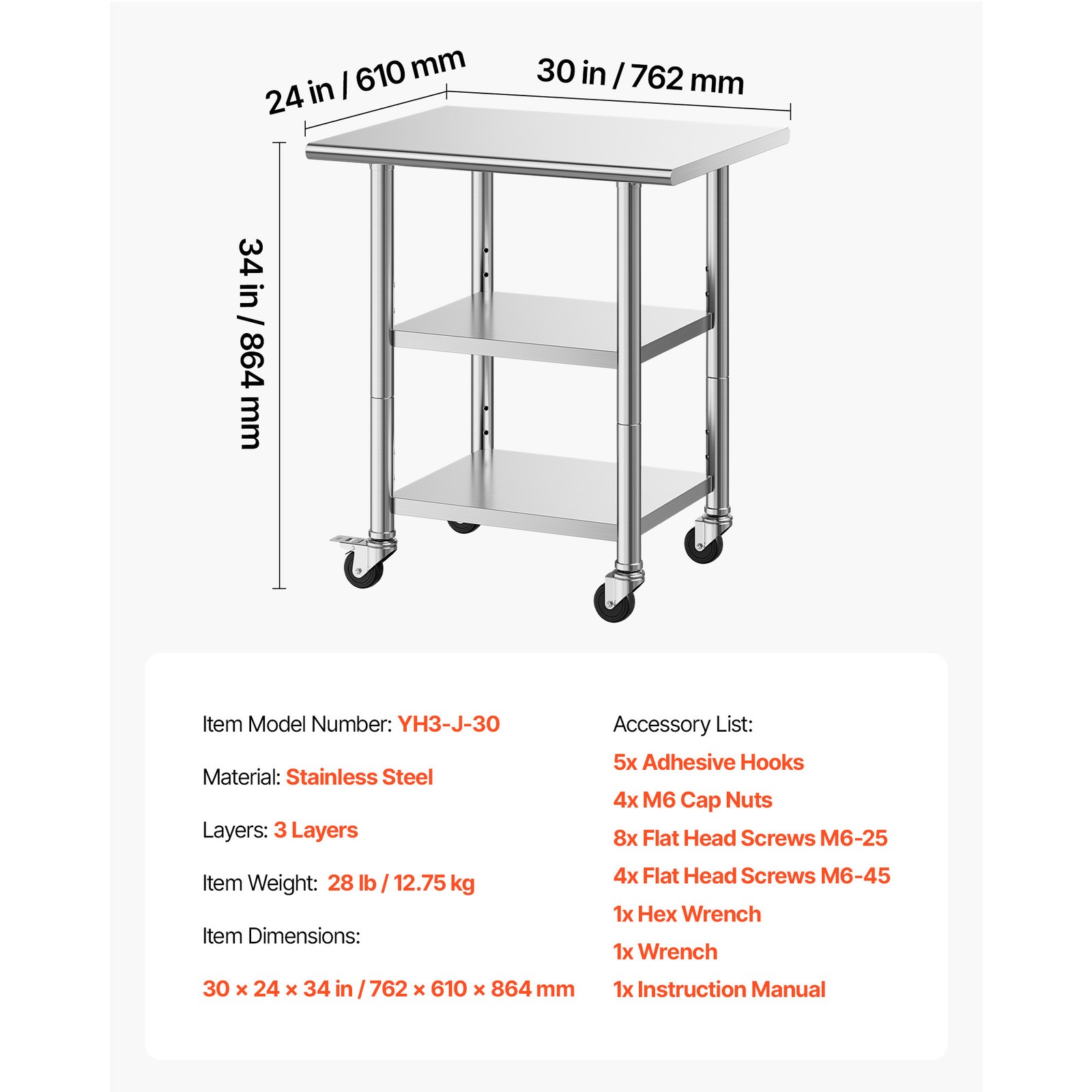 Uimoso Commercial Stainless Steel Kitchen Prep Table, 24×30 Inch, 3 Shelves