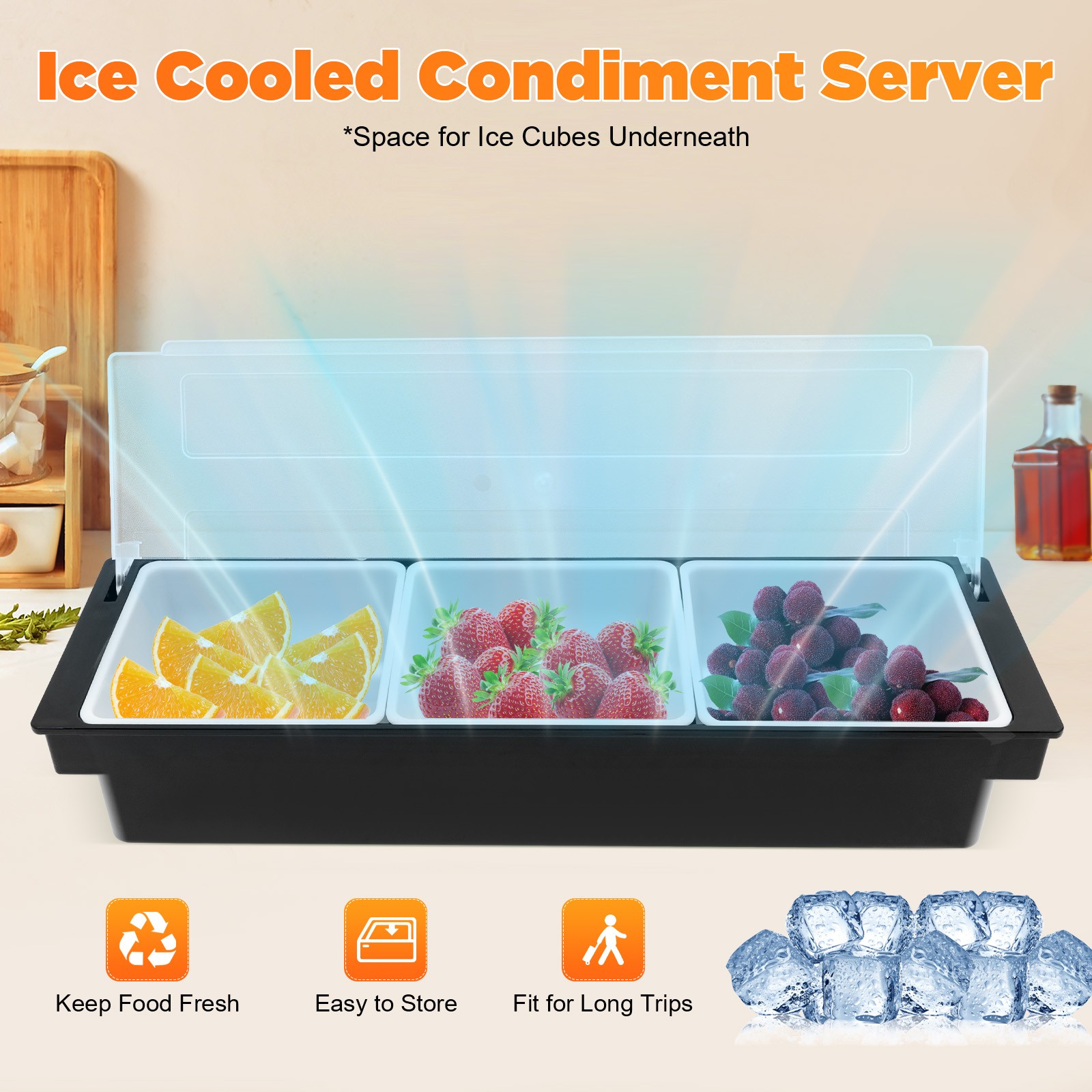 3/5 Compartments Condiment Dispenser Chilled Server Caddy Food FruitSalad Tray