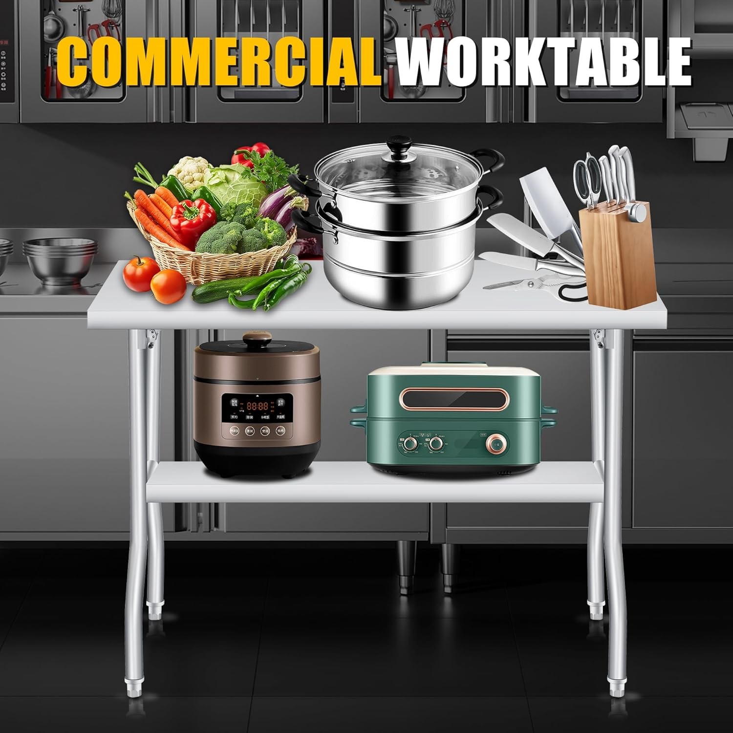 Folding Stainless Steel Table, Portable Workbench with Undershelf for Kitchen