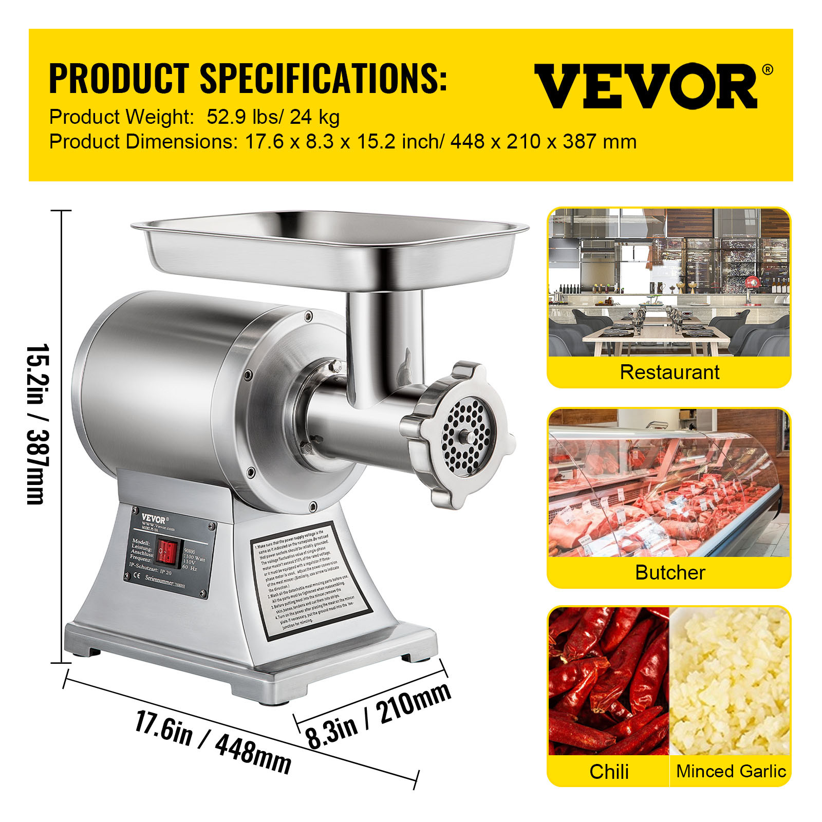 VEVOR 1.5HP Commercial Electric Meat Grinder 1100W Stainless 550lbs/h Heavy Duty