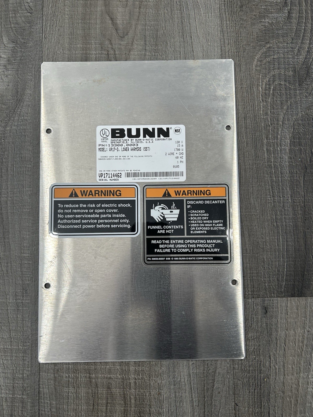 Panel With Label – Bunn Model VP17 12 Cup Pourover Coffee Brewer
