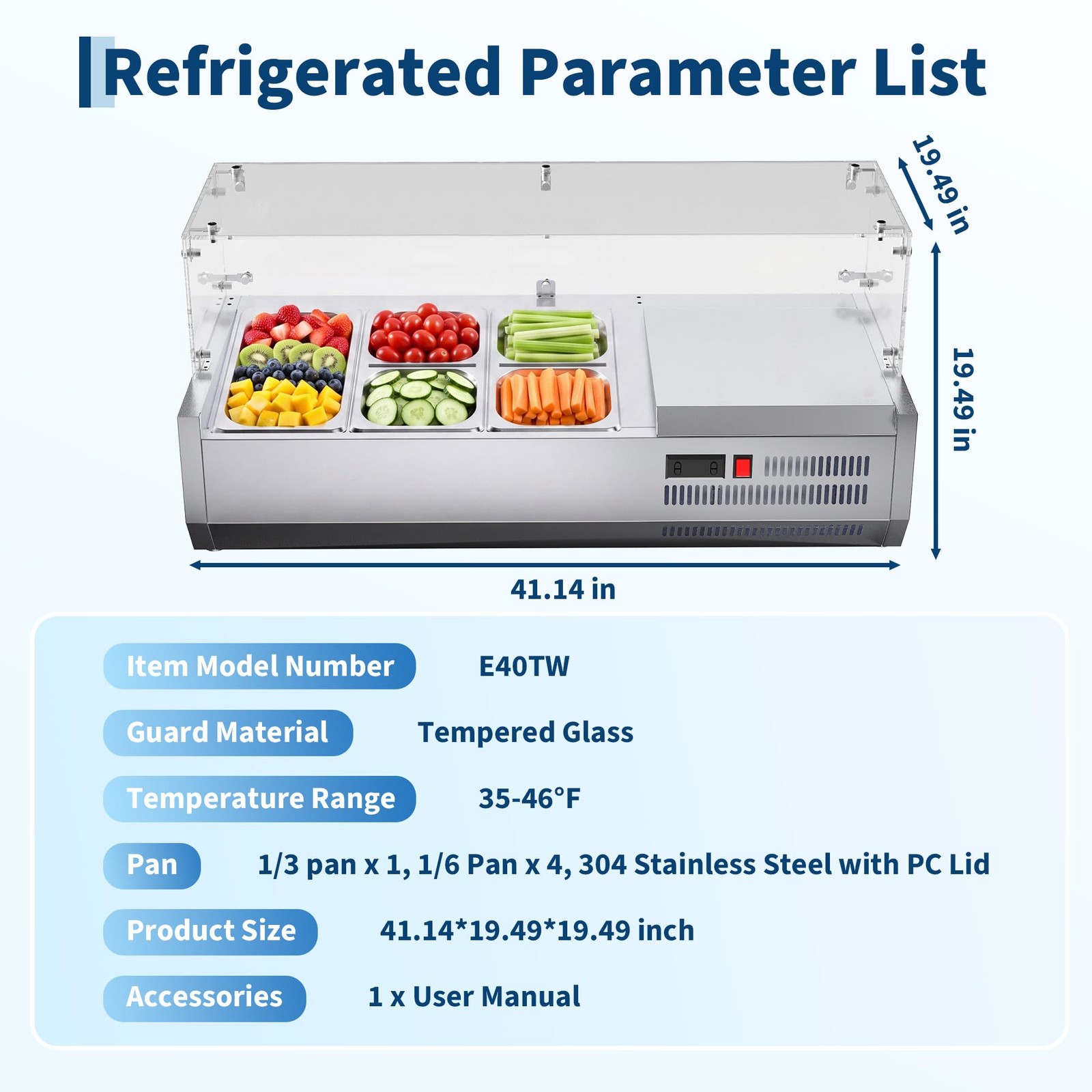 Refrigerated Prep Station, 130W Air-Cooling Salad Bar Buffet Station, 35-46°F