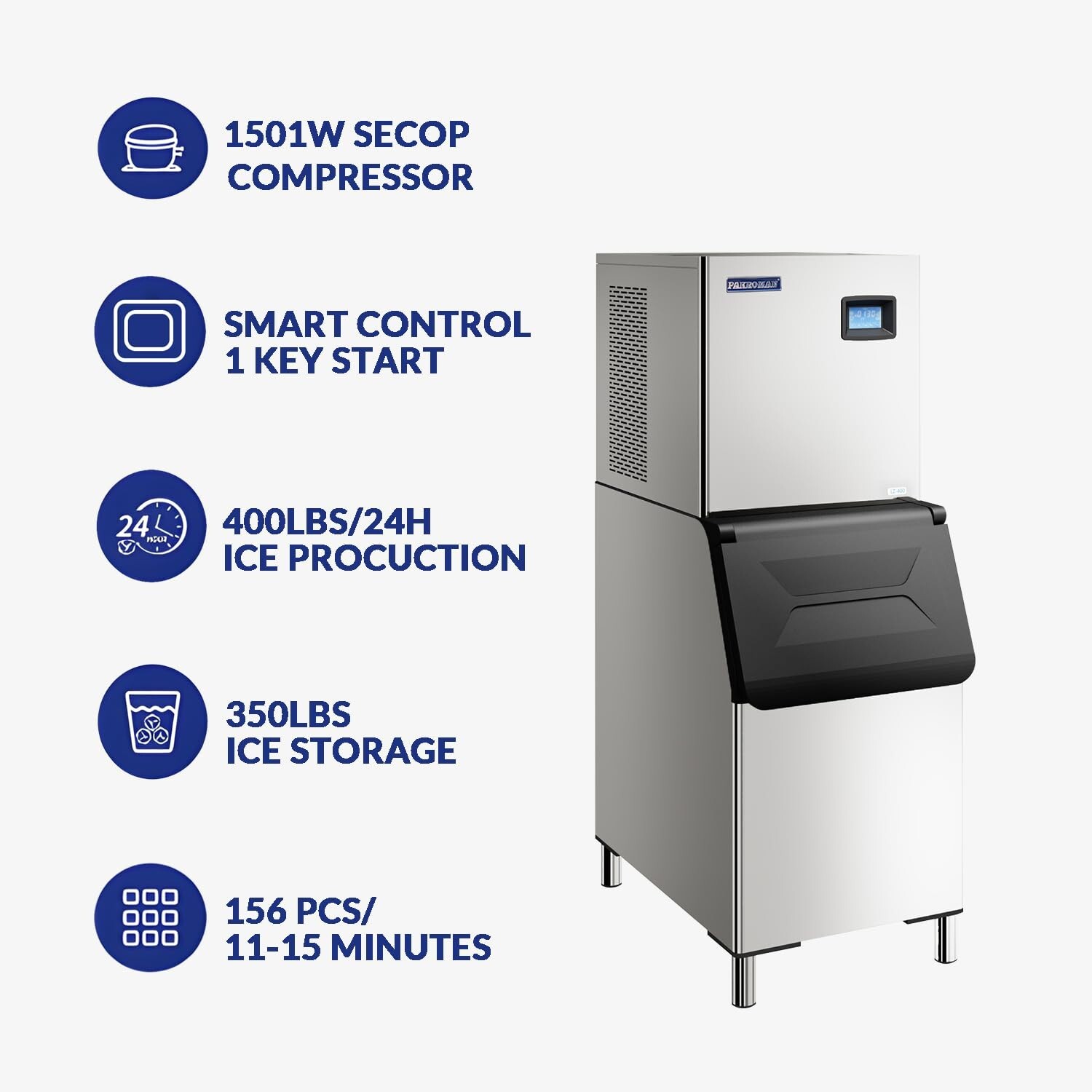 Commercial Ice Maker Machine, 400LBS/24H with 200LBS Large Storage Ice Bin