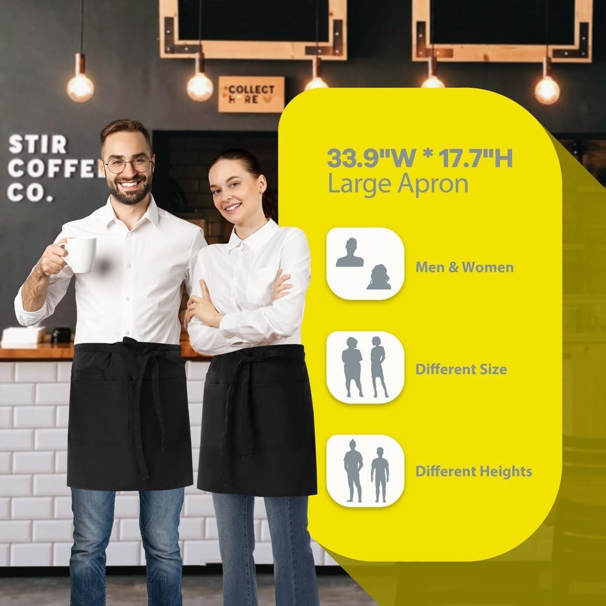Server Apron Black with 3 Pockets 18 Inch Long Waiter Waitress Bistro Half Wa…