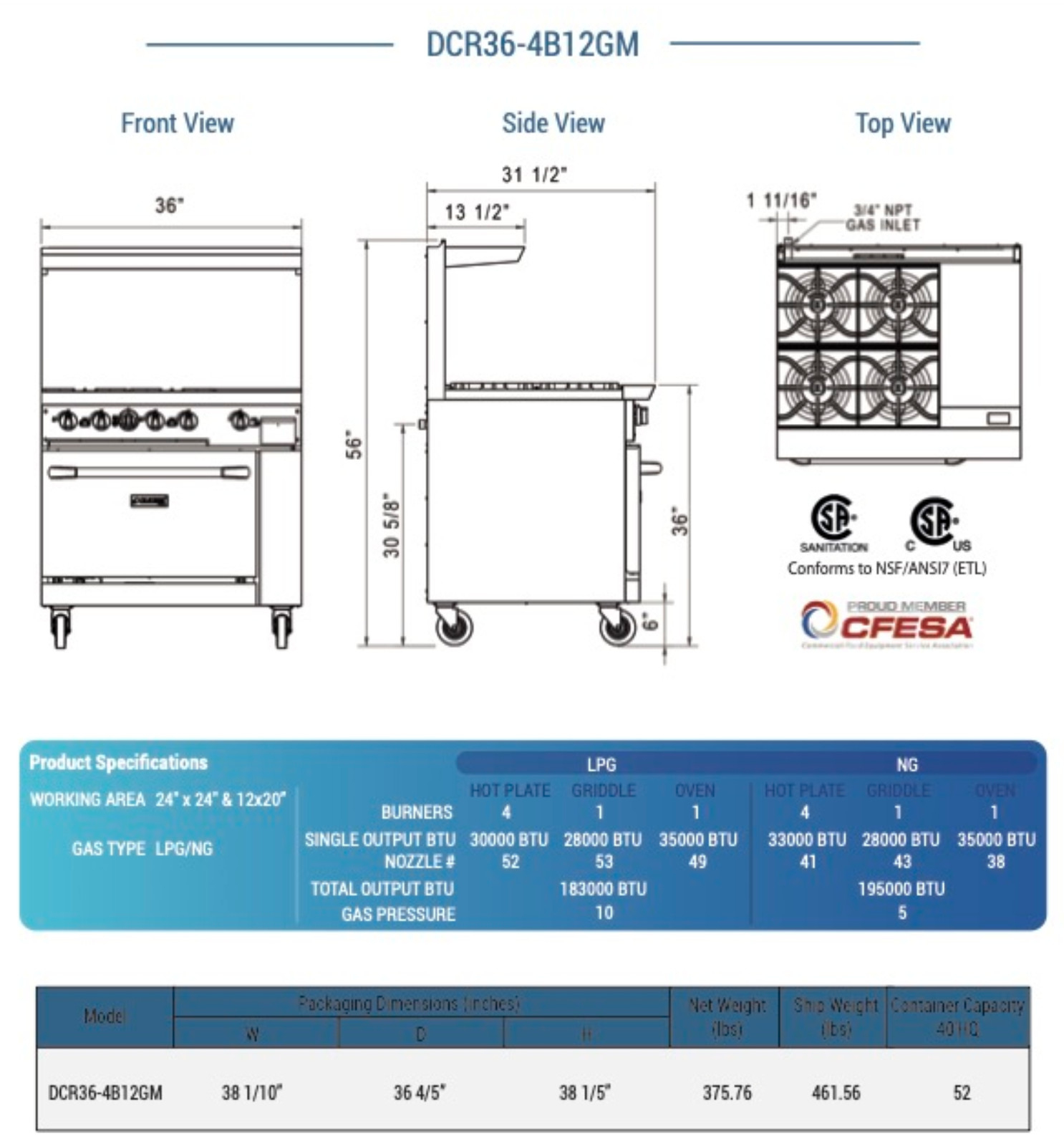NEW 36″ Range 12″ Griddle 4 Burner Combo Std Oven NG On Wheels Dukers #1336