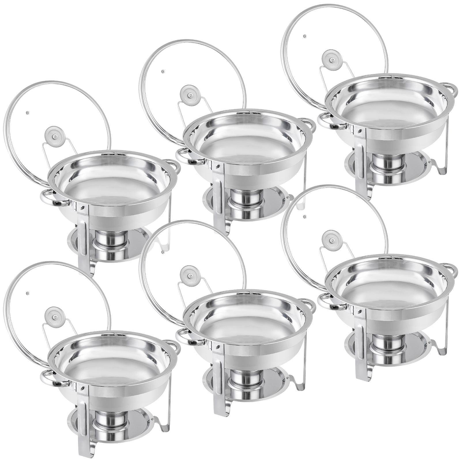 6 PCS 5Qt Stainless Steel Round Chafing Dishes Buffet Warmer Set with Glass Lid
