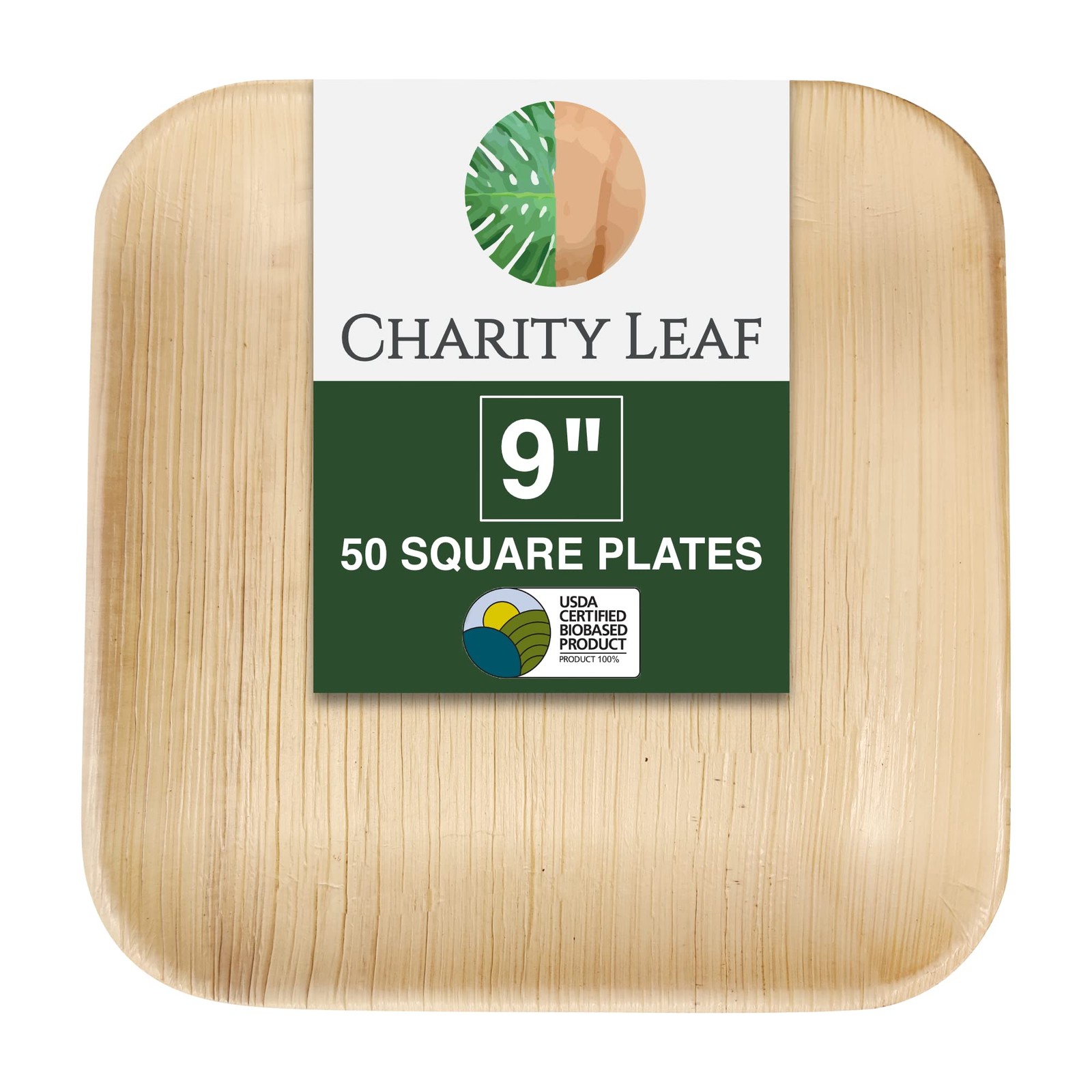 Charity Leaf Disposable Palm 9″ Square Plates Square, Natural Brown