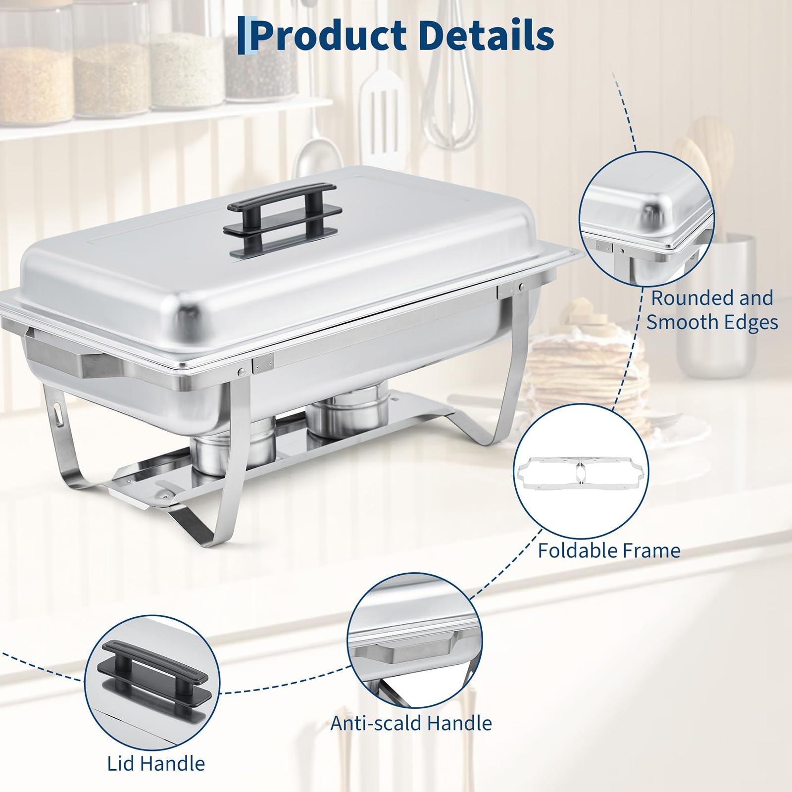 Buffet Warmer Set, 8 QT Rectangle & 5 QT Round Stainless Steel Chafing Pack 6