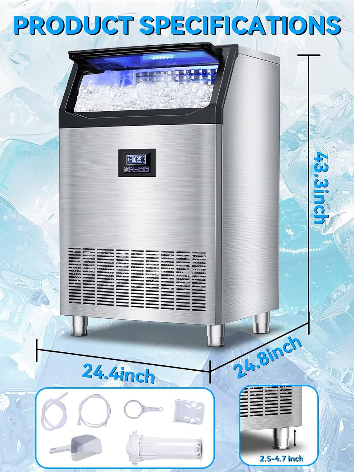 300Lbs/24H Commercial Ice Maker – Stainless Steel, Self-Cleaning, 115Lbs Bin