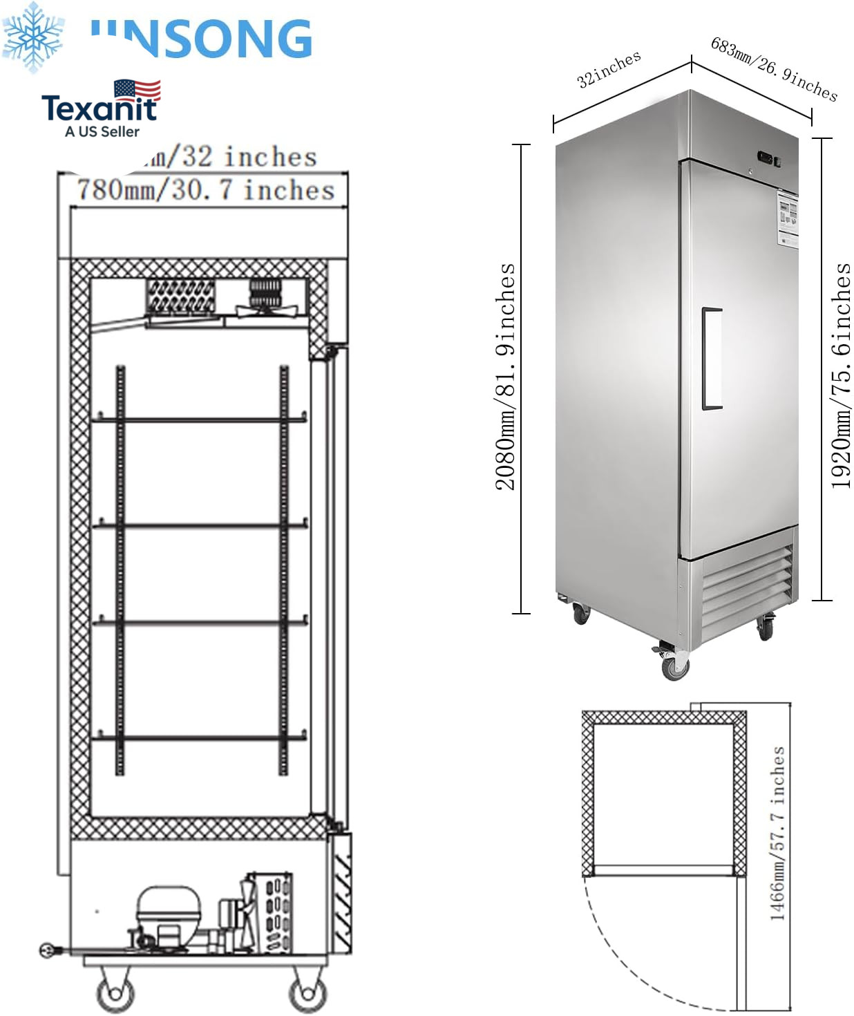 27″ Commercial Refrigerator, 23 Cu.Ft Reach-In Stainless Steel Fridge with Singl