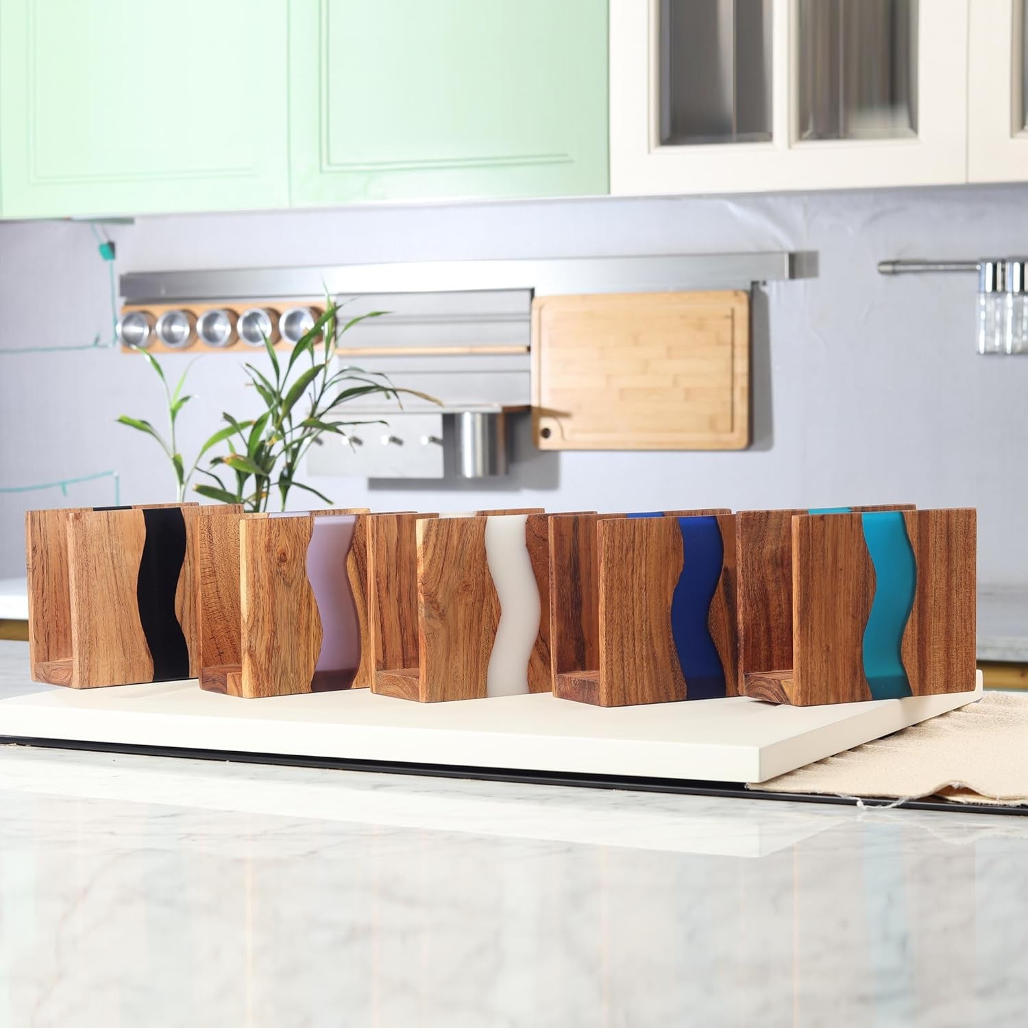 Acacia wood & Transparent Epoxy resin Napkin holder for table, Rustic farmhouse
