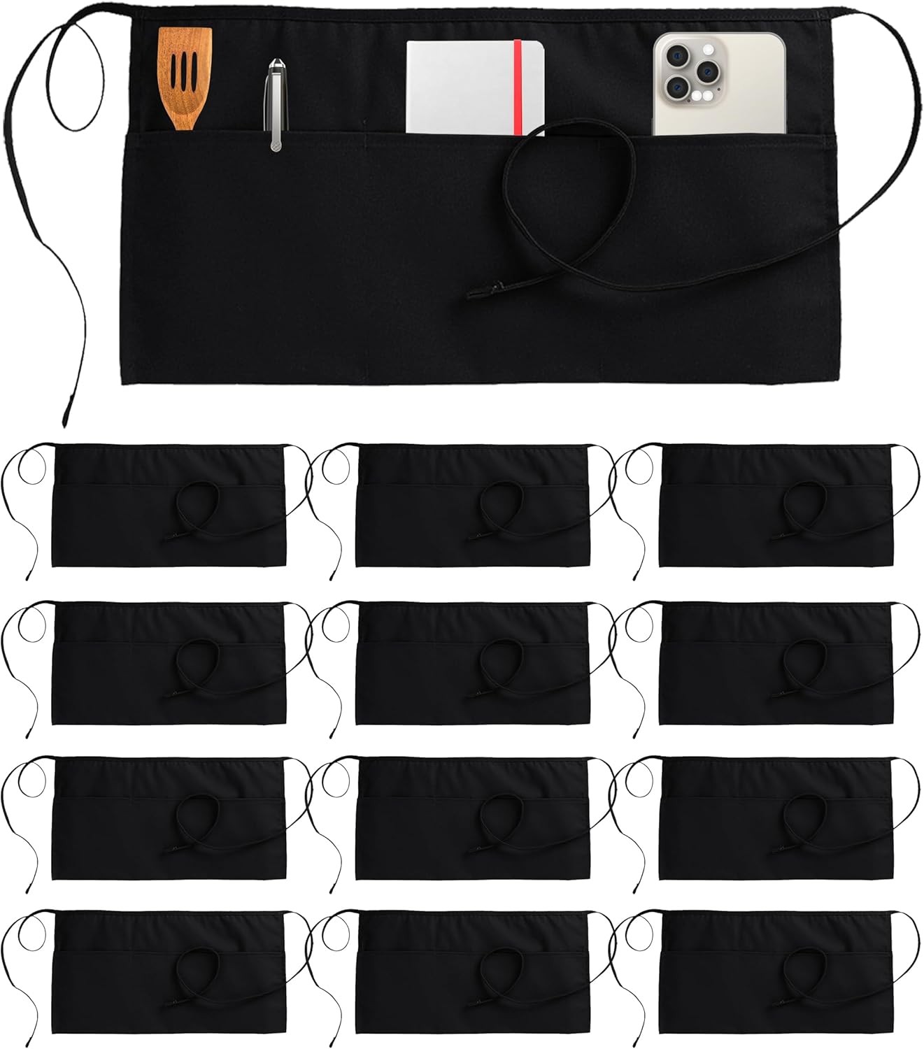 12 Pack Server Apron with 3 Pockets, Waist Apron for Waiter Waitress, 12 Inches