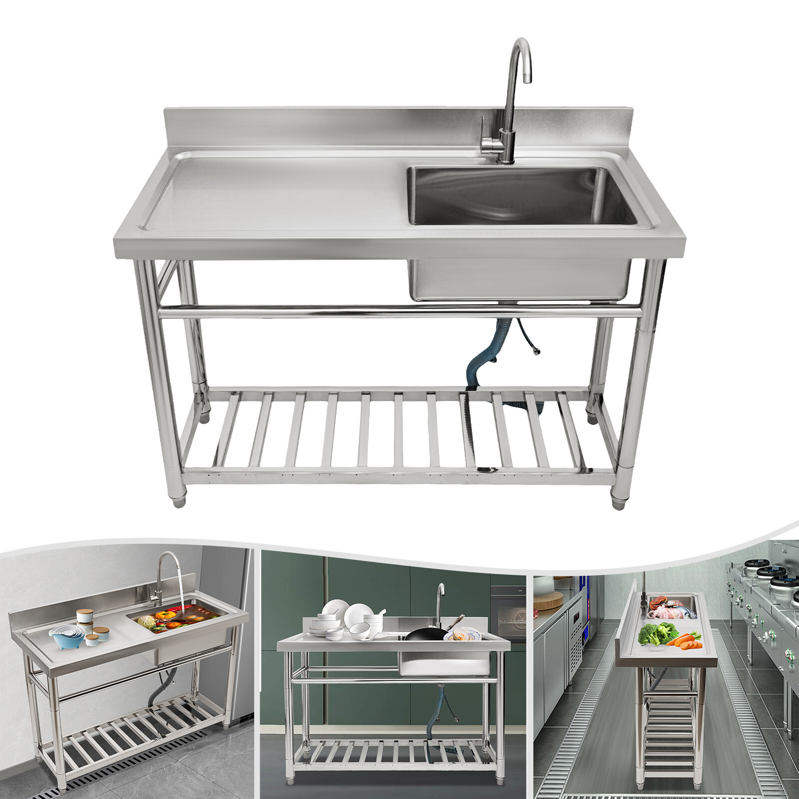 Commercial Kitchen Sink Prep Table w/ Faucet Stainless Steel Single Compartment