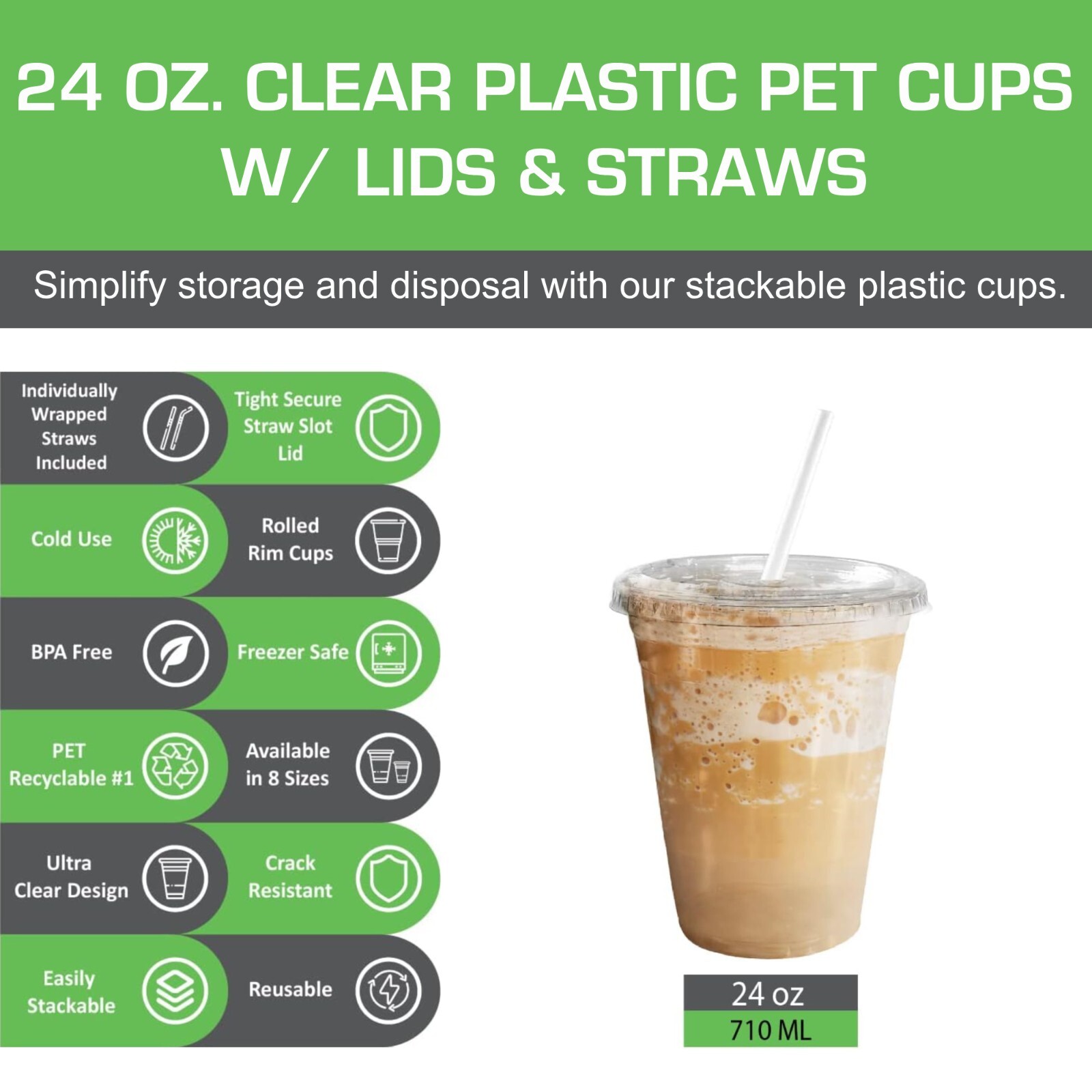 24oz Crystal Clear PET Disposable Cups with Flat Lids and Straws for Take-Out