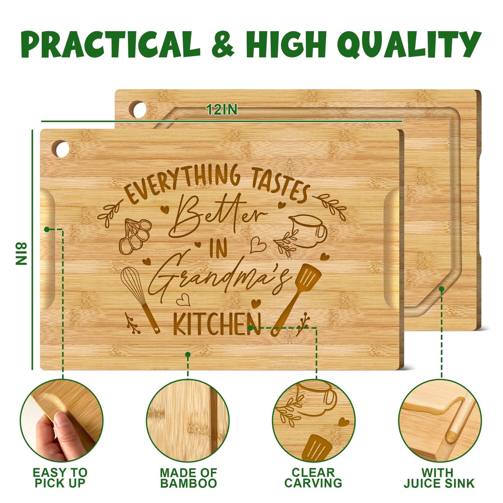 Mothers Day Gifts for Grandma from Grandkids – 12×8 Personalized Bamboo Cutting