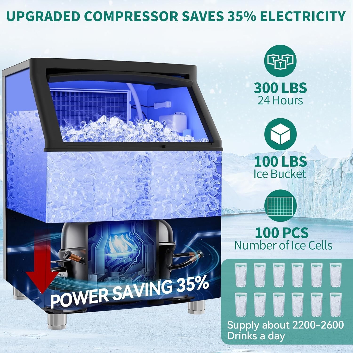 Commercial Ice Maker Machine with Large Storage Bin 126 ice Cubes Auto Cleaning