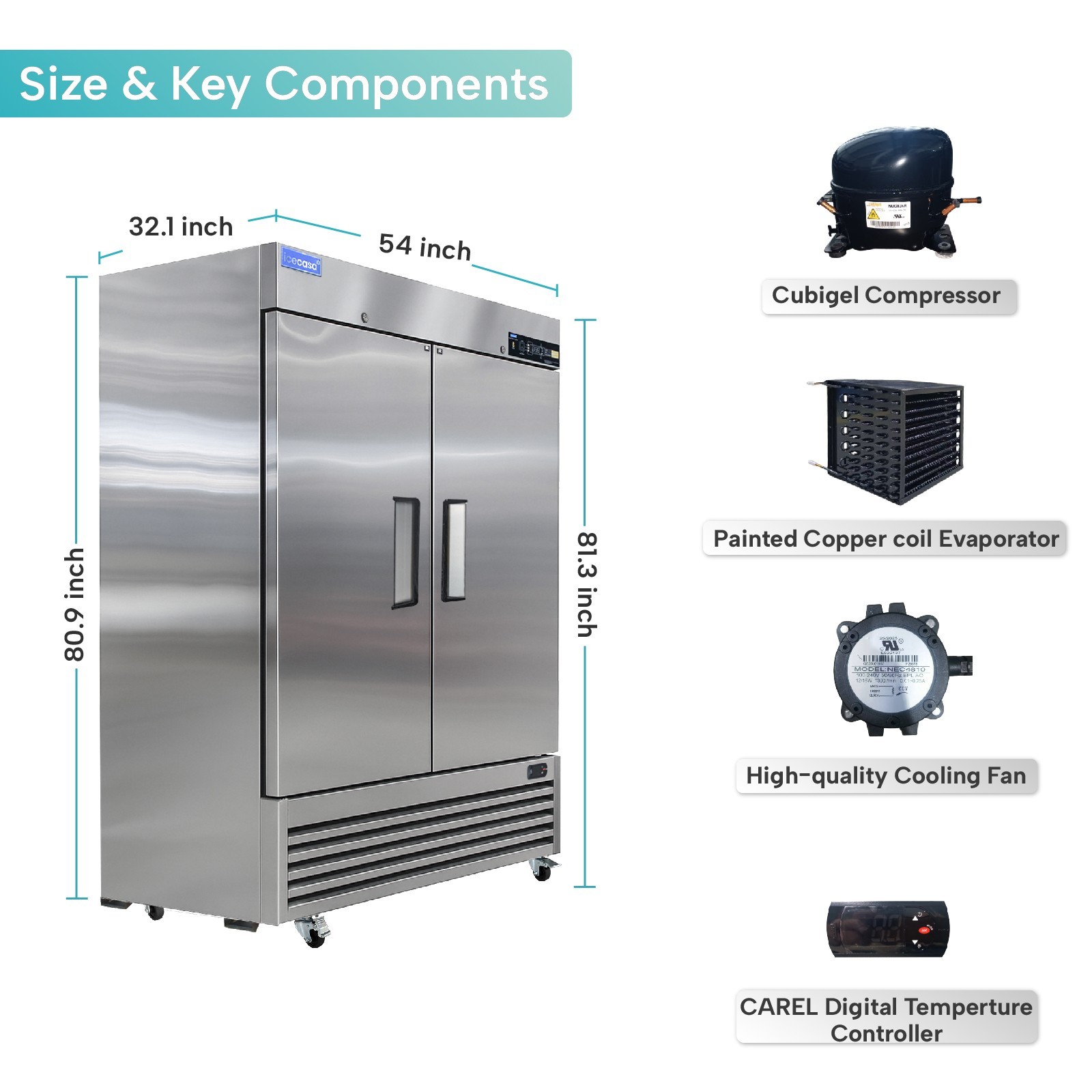 ICECASA 54″ Commercial Refrigerator, 2 Door Reach-In Cooler 49 Cu.ft