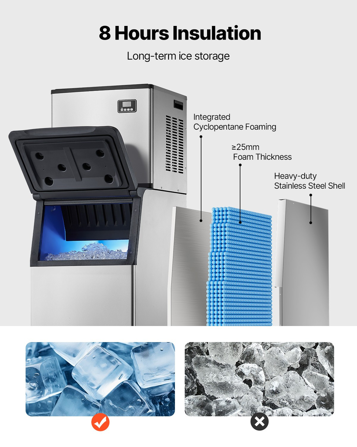 VEVOR Commercial Ice Maker 360LBS/24H with 300LBS Storage Bin Auto Self-Cleaning