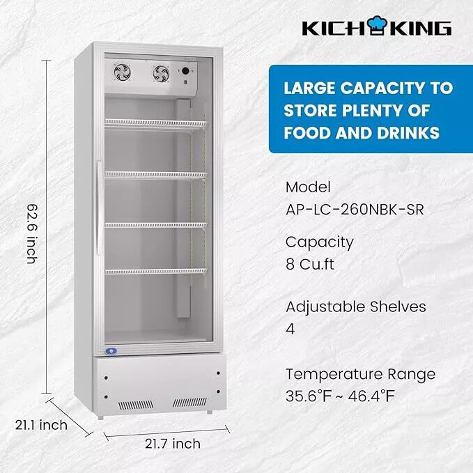 8 Cu. Ft Single Glass Door Upright Display Cooler. Merchandiser Refrigerator New
