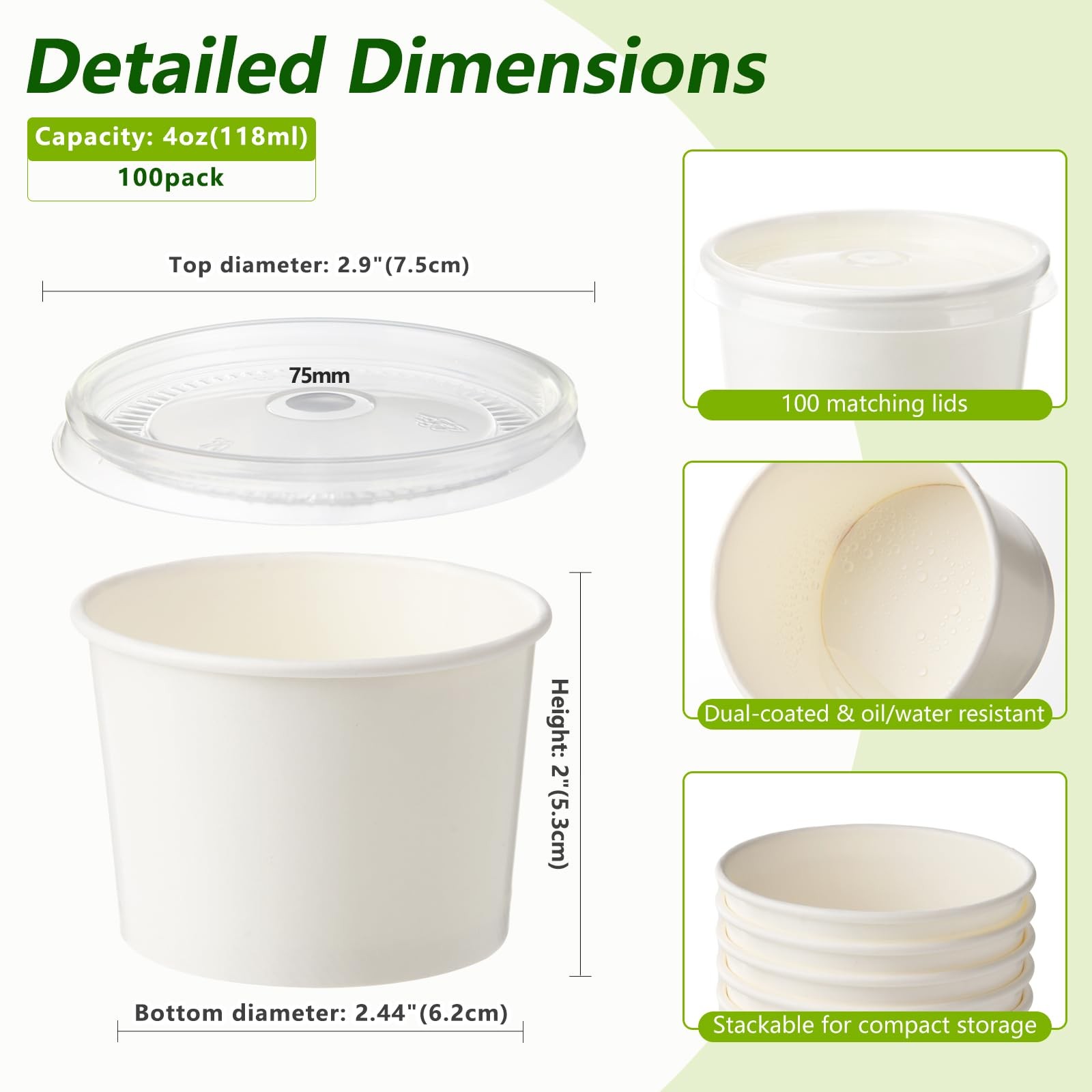 Belinlen 100 Pack 4 oz Paper Ice Cream 17 Ounces, White Cups With Clear Lids