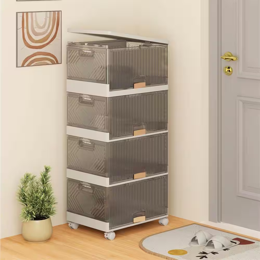 18 Gal. 4-Cube Stackable Storage Bins in White and Brown with Detachable Wheels