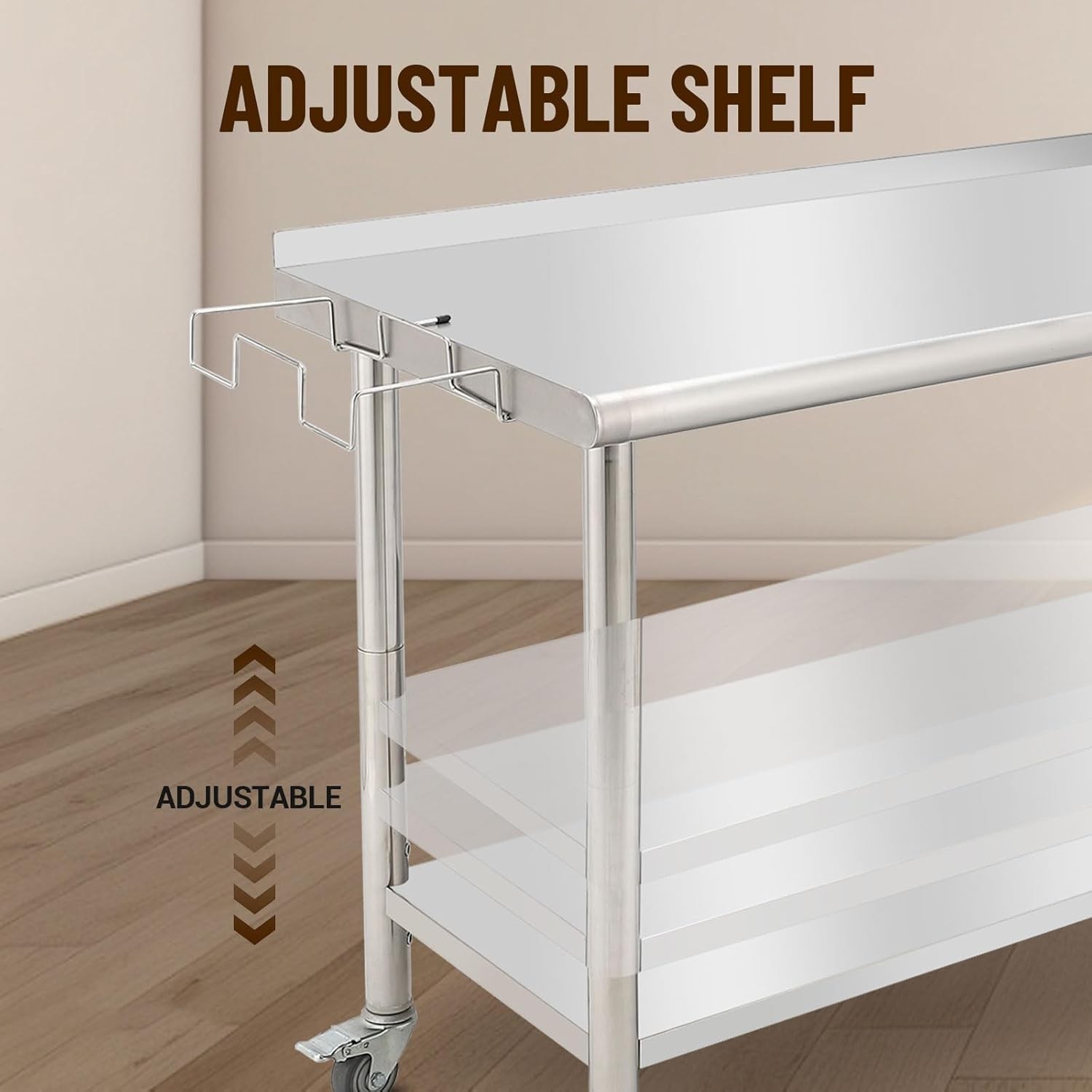 Stainless Steel Work Table 60×24 Adj Undershelf NSF HD w/ Casters Trash Rack