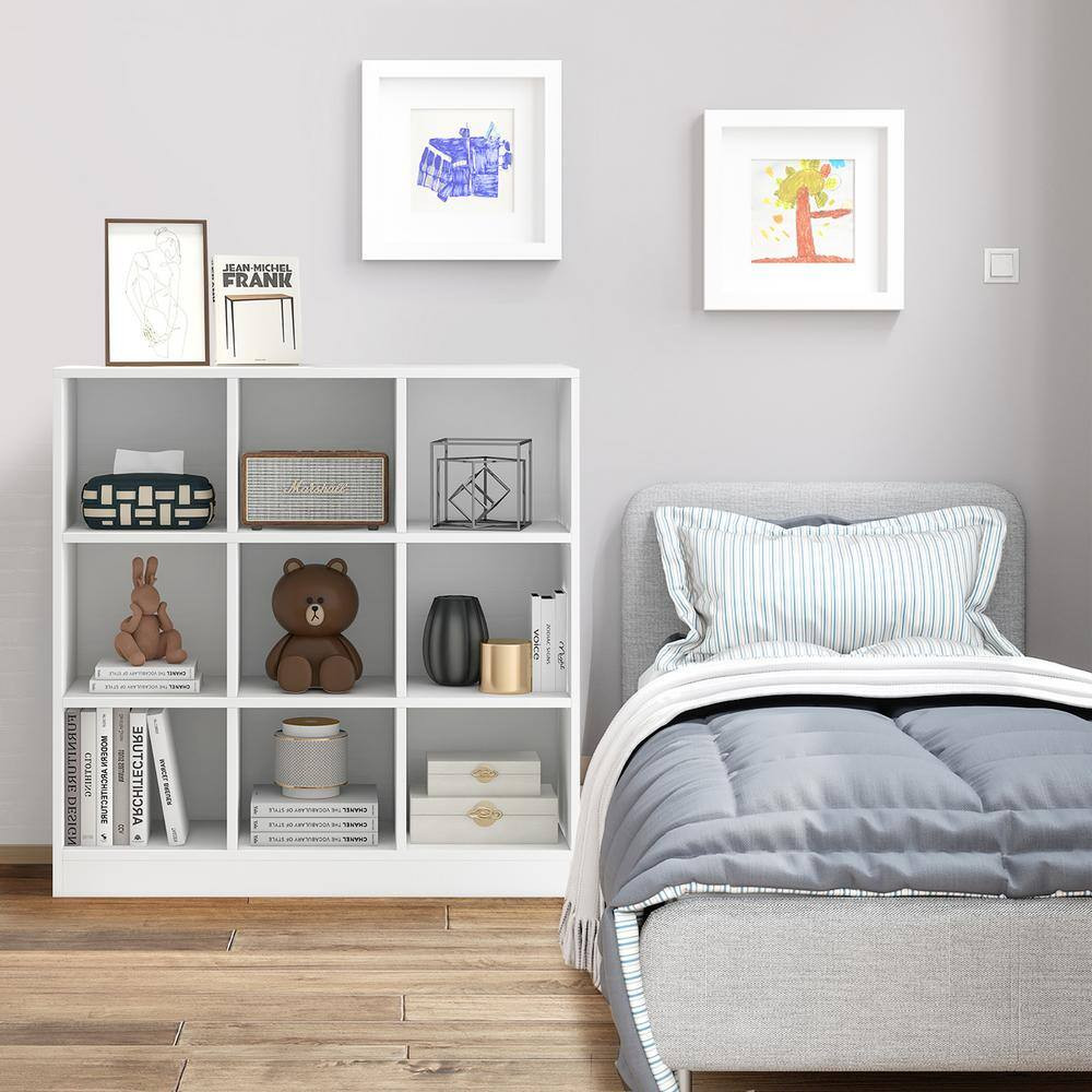 Kids Toy Storage Organizer 13 In. Wide White 9-Cube Kids Bookcase for Books Toys