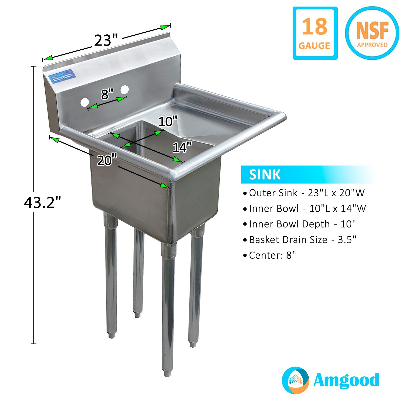 23 in. x 20 in. Stainless Steel One Compartment Sink with 14 in. x 10 in. Bowl