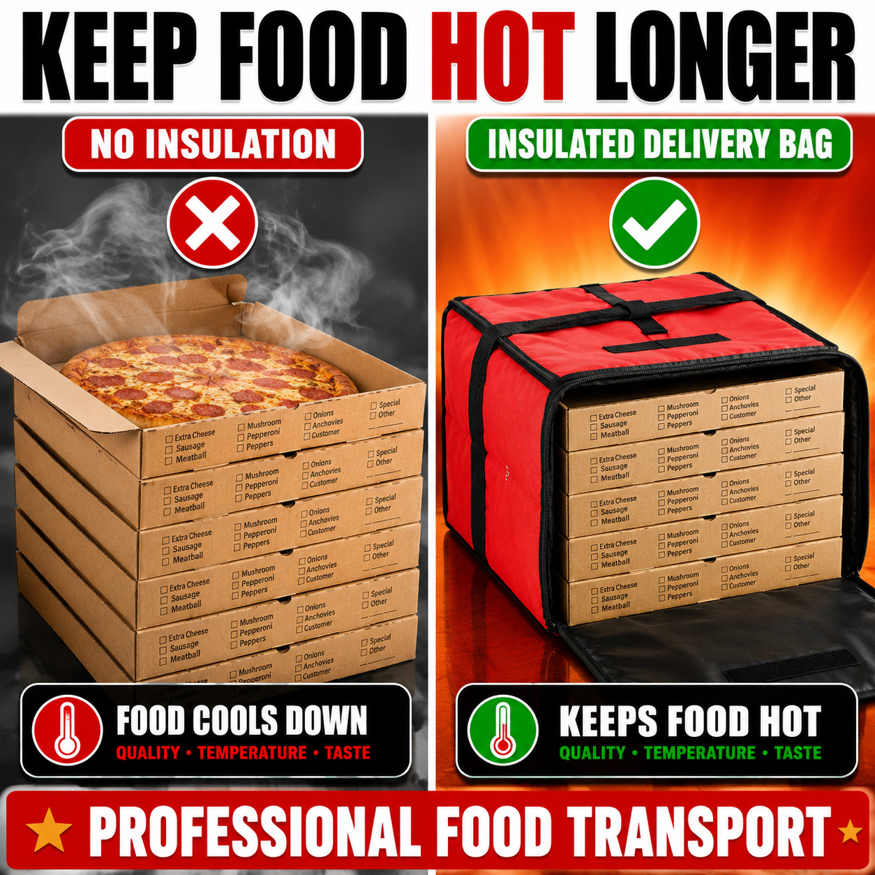 20″ x 20″ x 12″ Red Vinyl Insulated 16″ & 18″ Pizza Food Delivery Bag