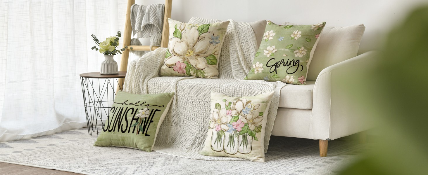 Spring Mangnolia Green Throw Pillow Covers, 16 x 16 Inch Hello Sunshine Vases