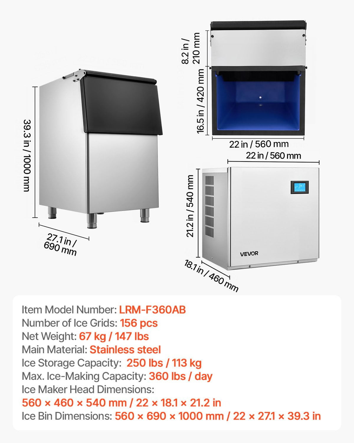 Commercial Ice Maker Machine, 360LBS/24H Ice-Making Machine with 250LBS Large St