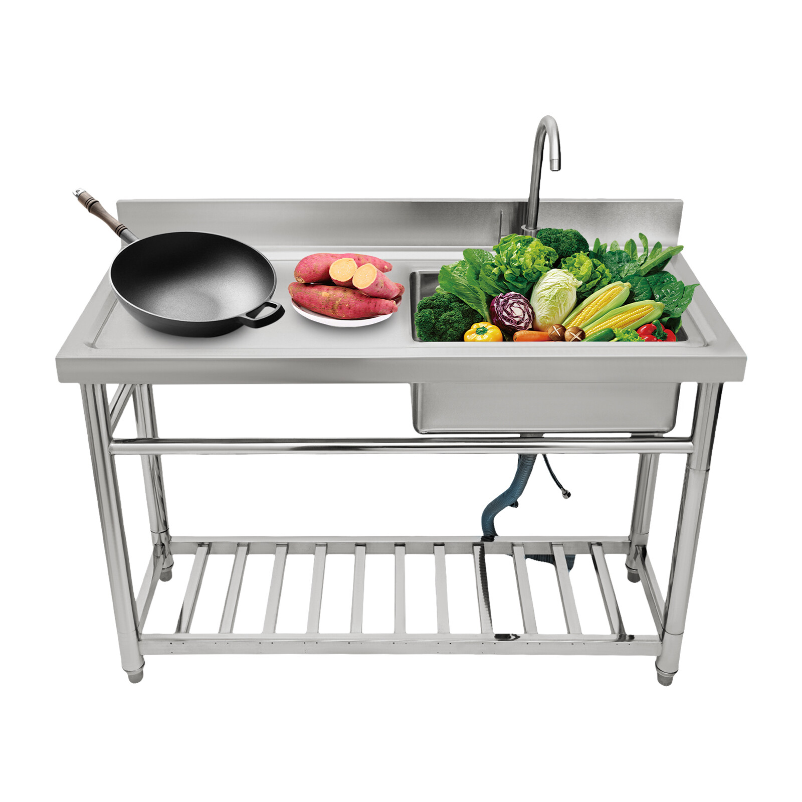 47″ Commercial Kitchen Sink Prep Table w/ Faucet Stainless Steel 1 Compartment