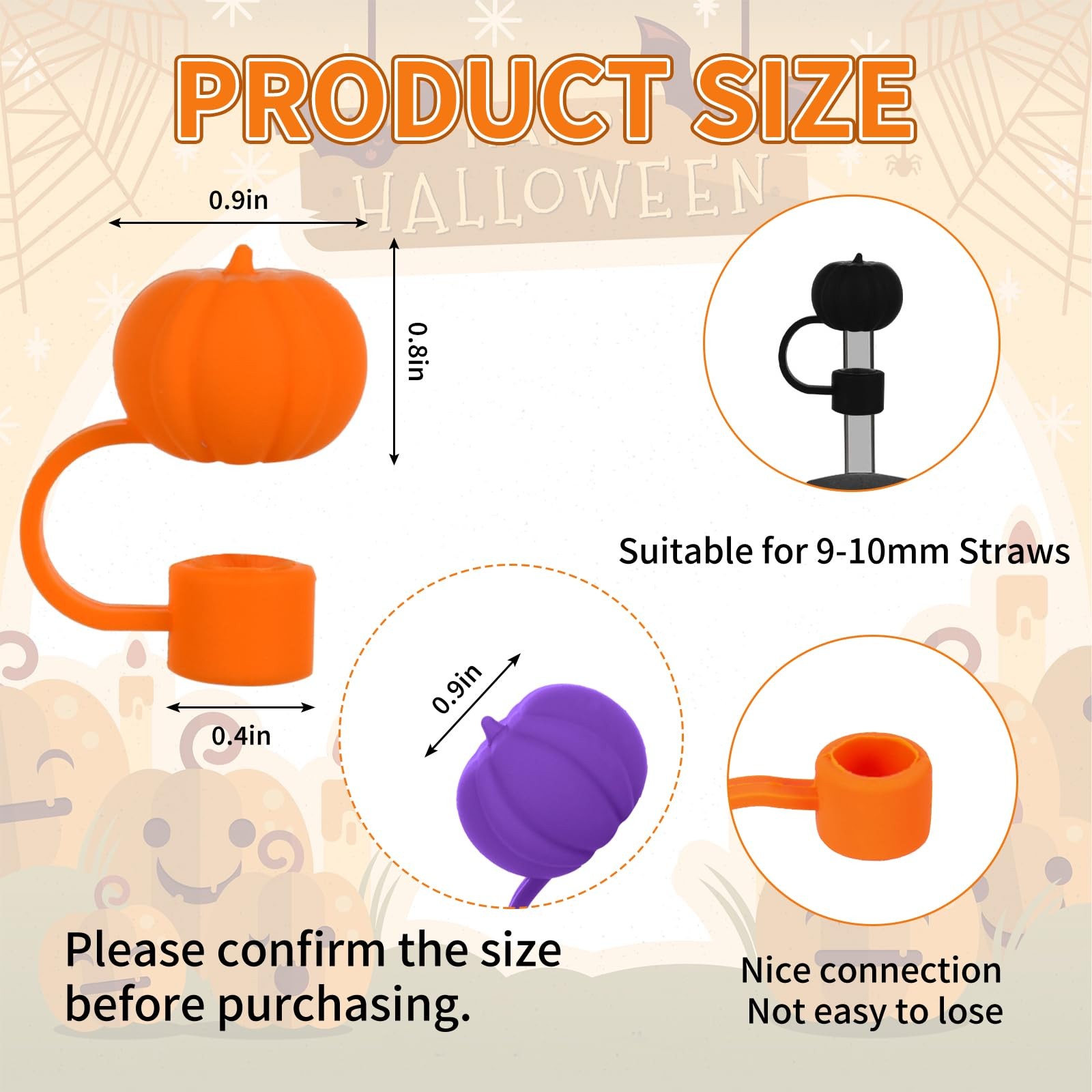 Whaline 4 Pcs Halloween Straw Cover Cap 0.4 inch, Orange Yellow Purple Black